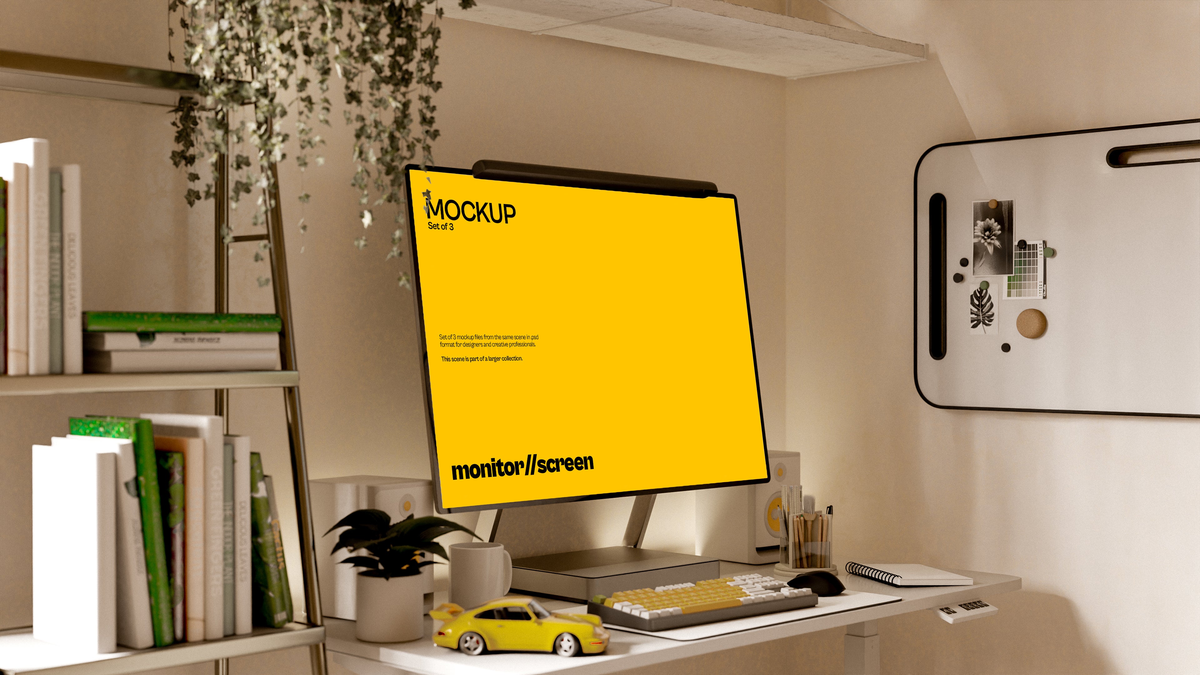 iMac Screen Mockup Bundle – 3 PSDs in Dark Tech Workspace | Surge Collection