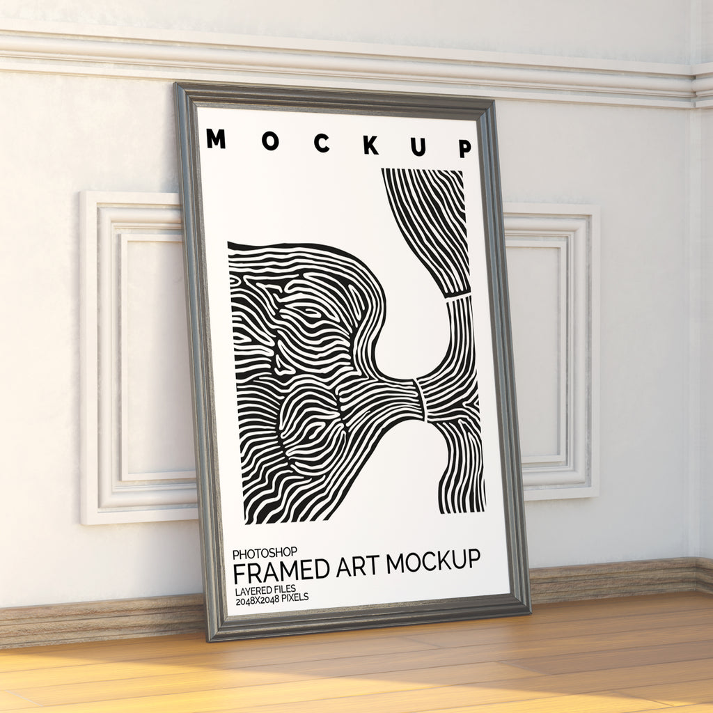 Large Framed Artwork Mockup Bundle – 4 PSDs Leaned Against Paneled Wall