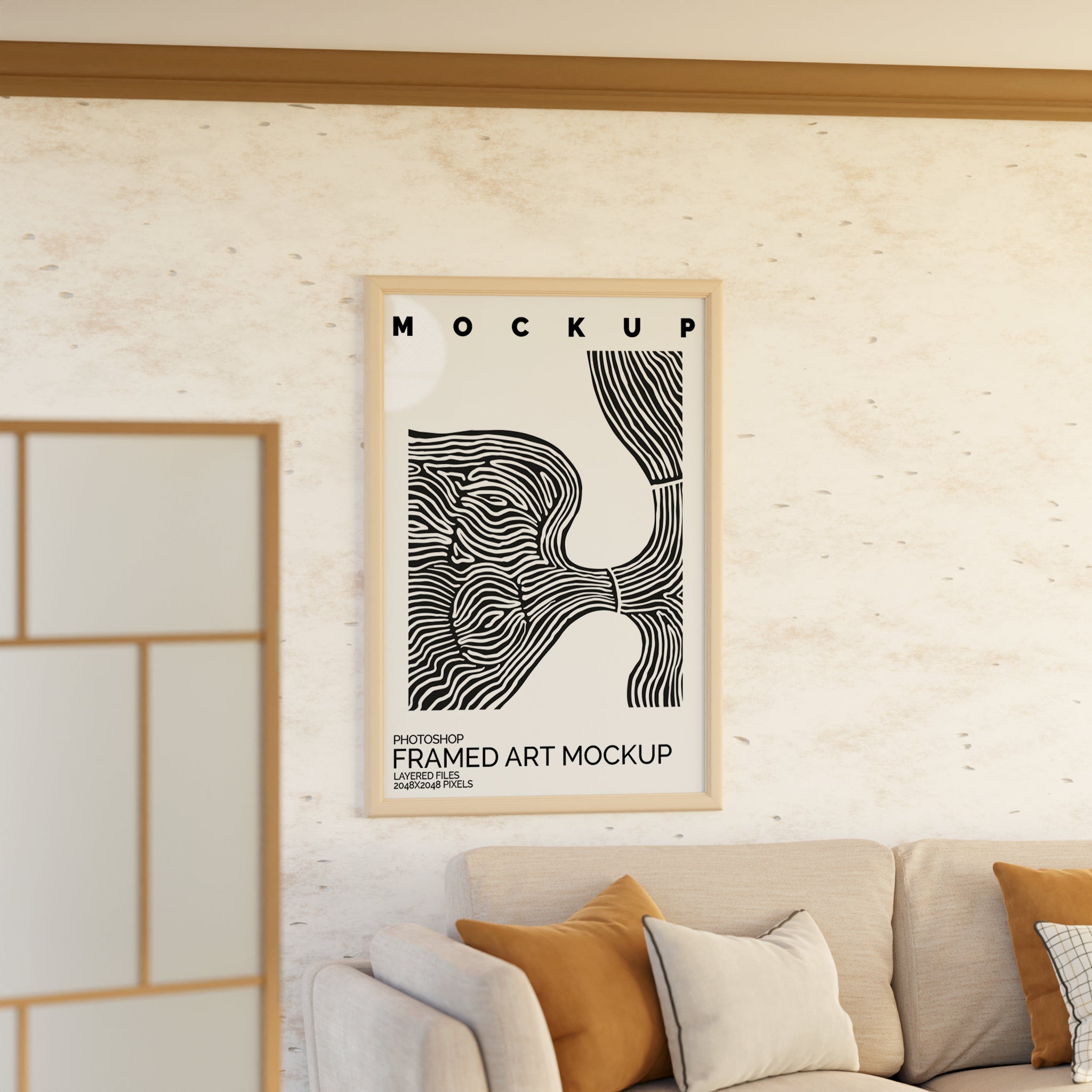 Framed Artwork Mockup Bundle – 4 PSDs with Cozy Sofa & Wall Scene