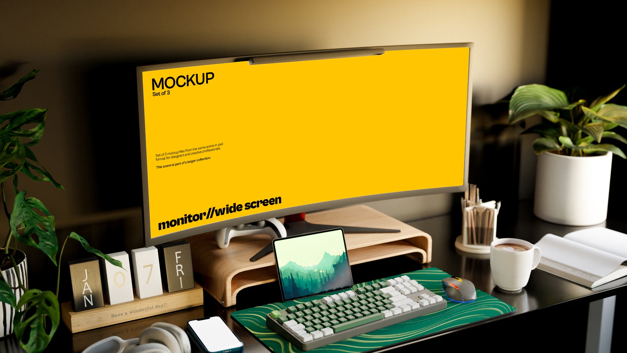 Widescreen Gaming Monitor Mockup Bundle – 3 PSDs in Minimal Interior | Sanctum Collection