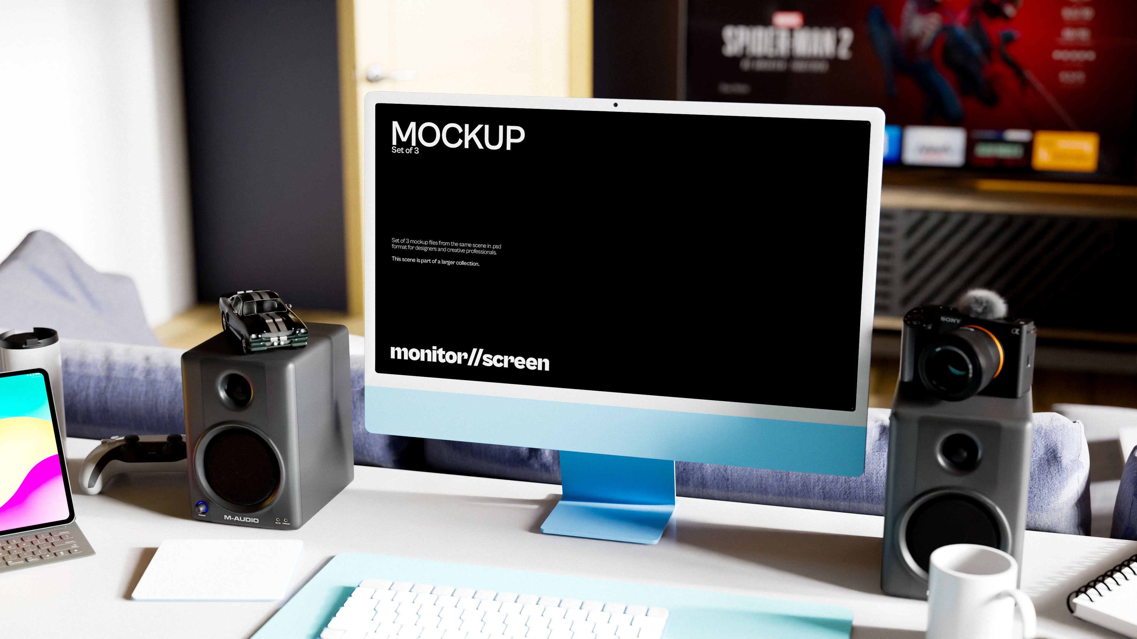 iMac Screen Mockup Bundle – 3 PSDs in Work-From-Home Setting