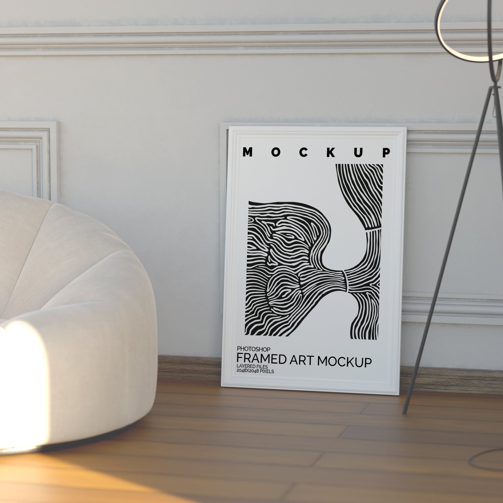 Large Framed Artwork Mockup Bundle – 4 PSDs with Luxury Sofa & Sunlight