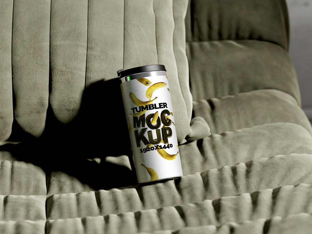 Straight Shaped Silver Sublimation Tumbler Mockup Bundle – 6 PSDs on Sofa | Crest Collection