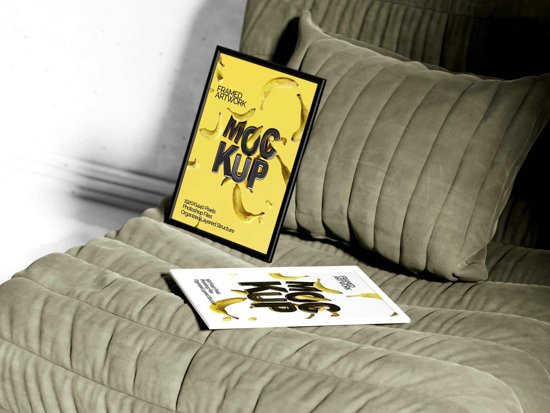 2 Small Framed Artwork Mockup Bundle – 7 PSDs with Frames on Sofa | Crest Collection