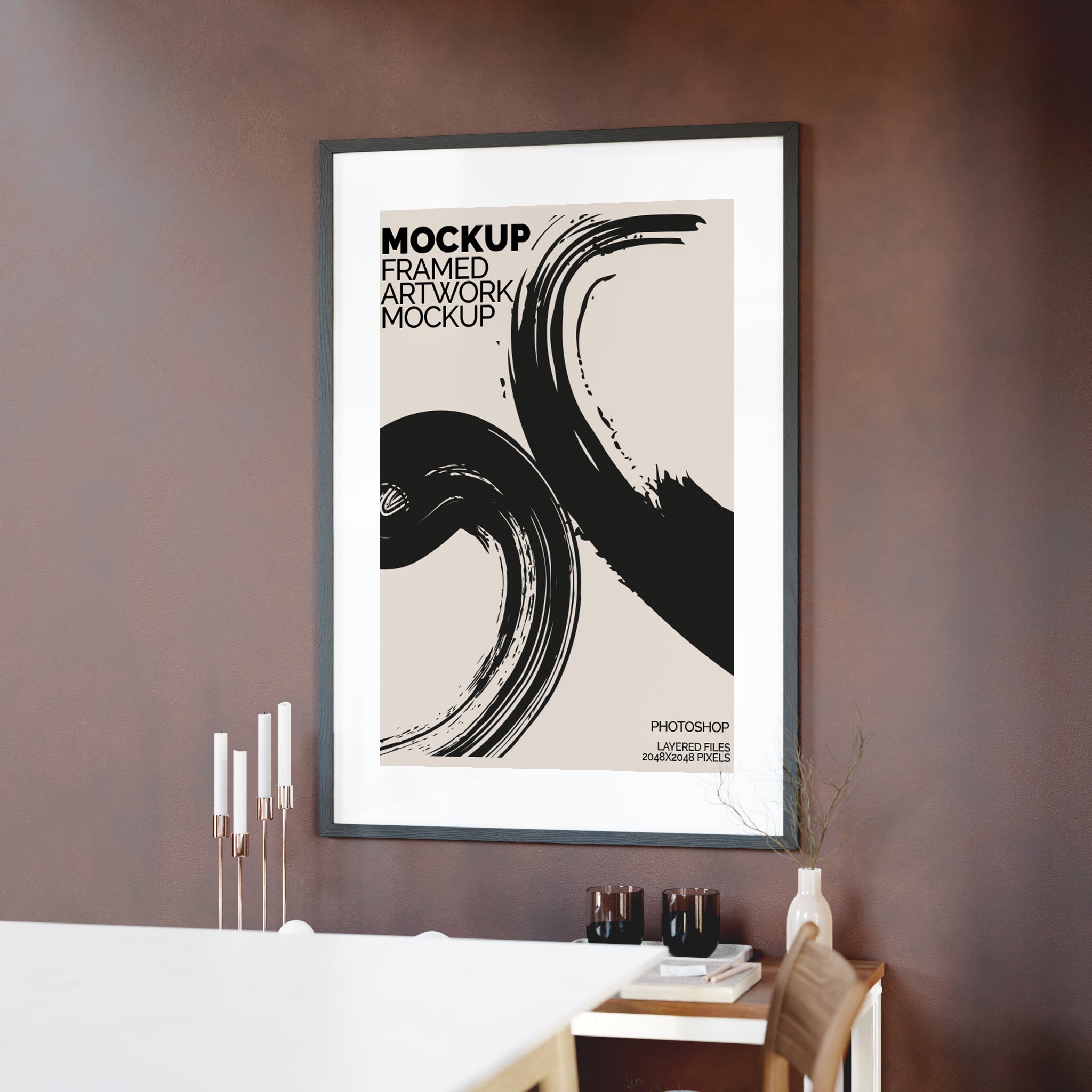 Framed Artwork Mockup Bundle – 6 PSDs with Dark Wall & Luxury Shelf Styling