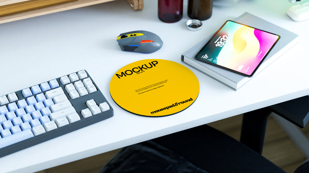 Round Mousepad Mockup Bundle – 3 PSDs in Bright Workspace Scene | Lumen Collection