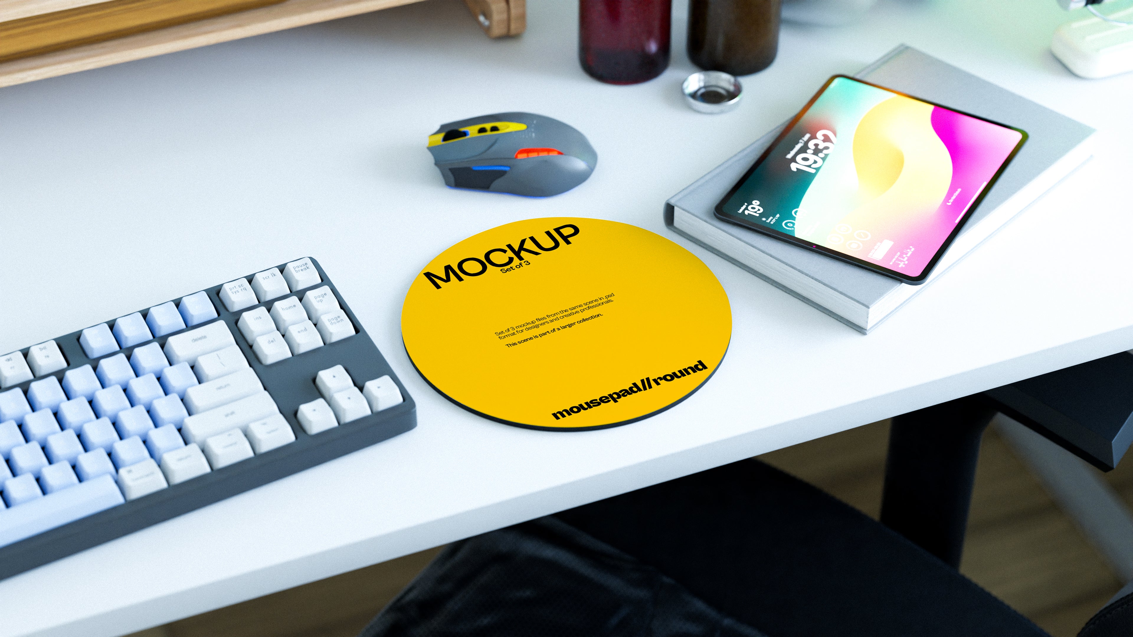 Round Mousepad Mockup Bundle – 3 PSDs in Bright Workspace Scene | Lumen Collection