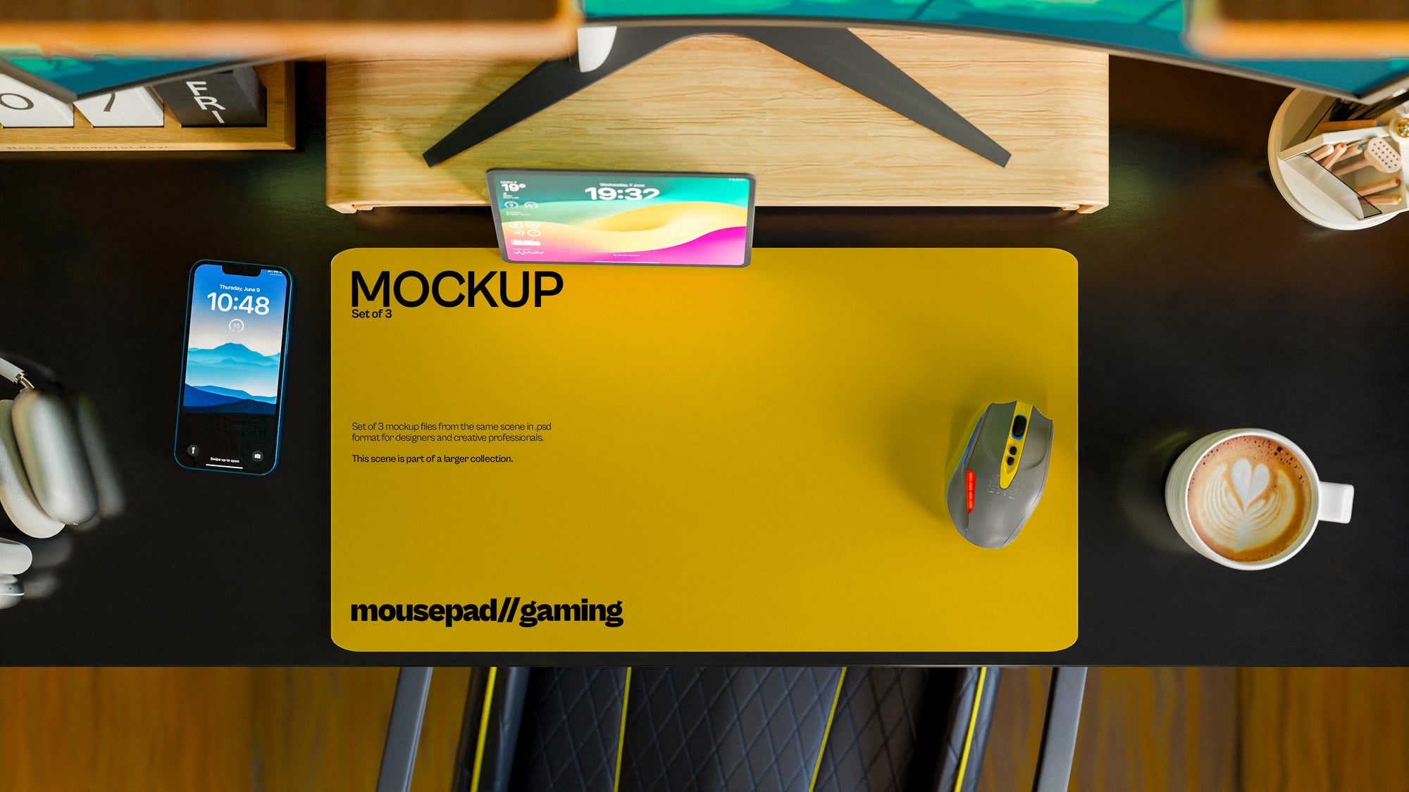Long Gaming Mousepad Mockup Bundle – 3 PSDs in Minimal Warm Interior | Sanctum Collection