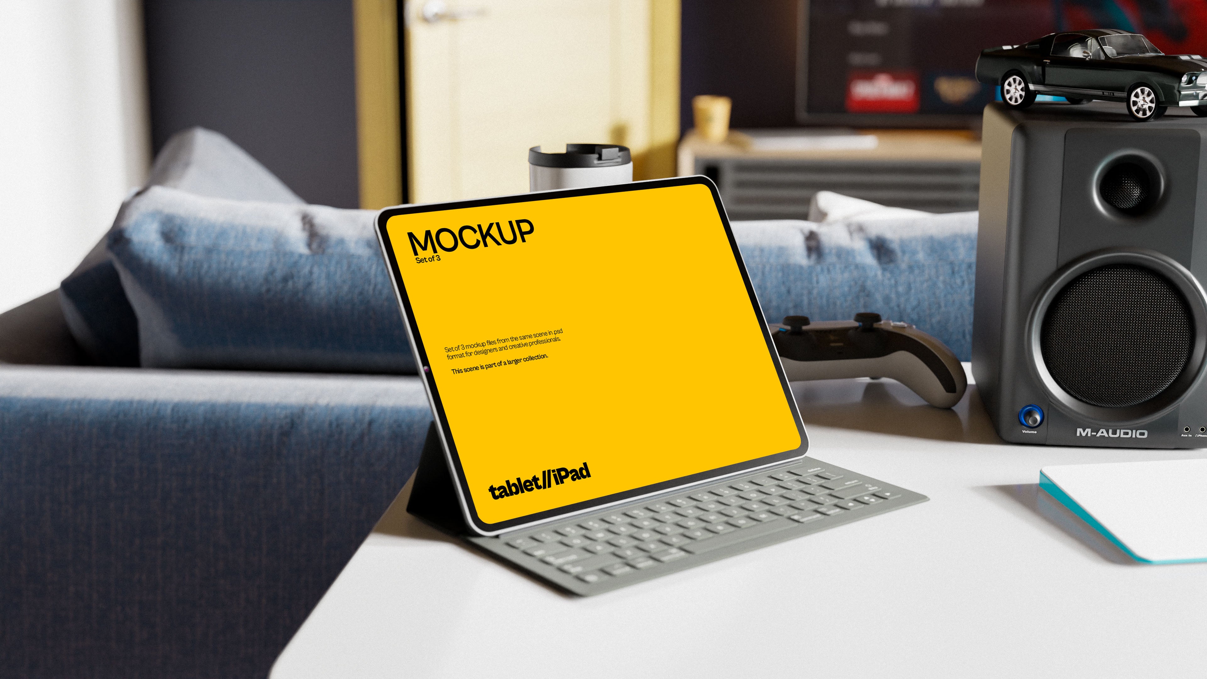iPad Screen Mockup Bundle – 3 PSDs in Cozy Living Room