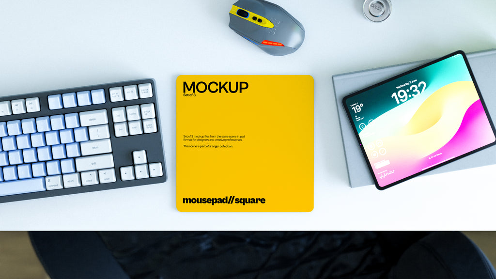 Square Mousepad Mockup Bundle – 3 PSDs in Bright Minimal Workspace | Lumen Collection