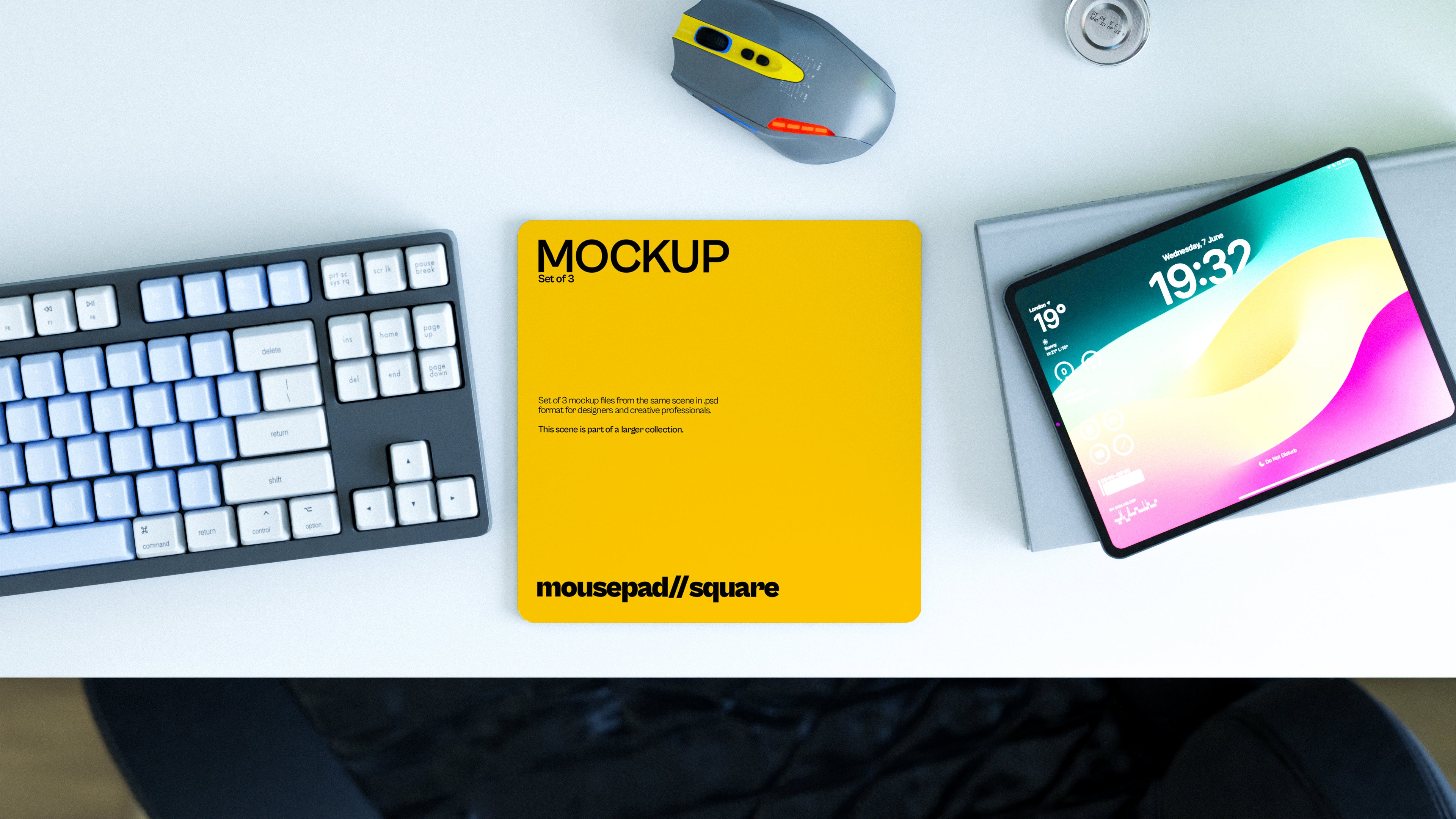 Square Mousepad Mockup Bundle – 3 PSDs in Bright Minimal Workspace | Lumen Collection