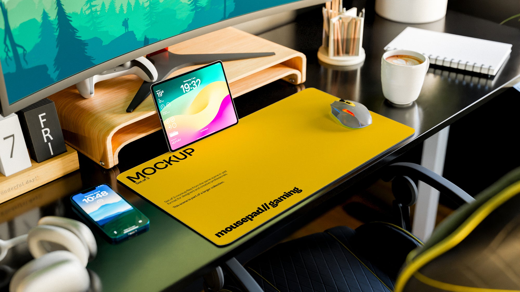 Long Gaming Mousepad Mockup Bundle – 3 PSDs in Minimal Warm Interior | Sanctum Collection