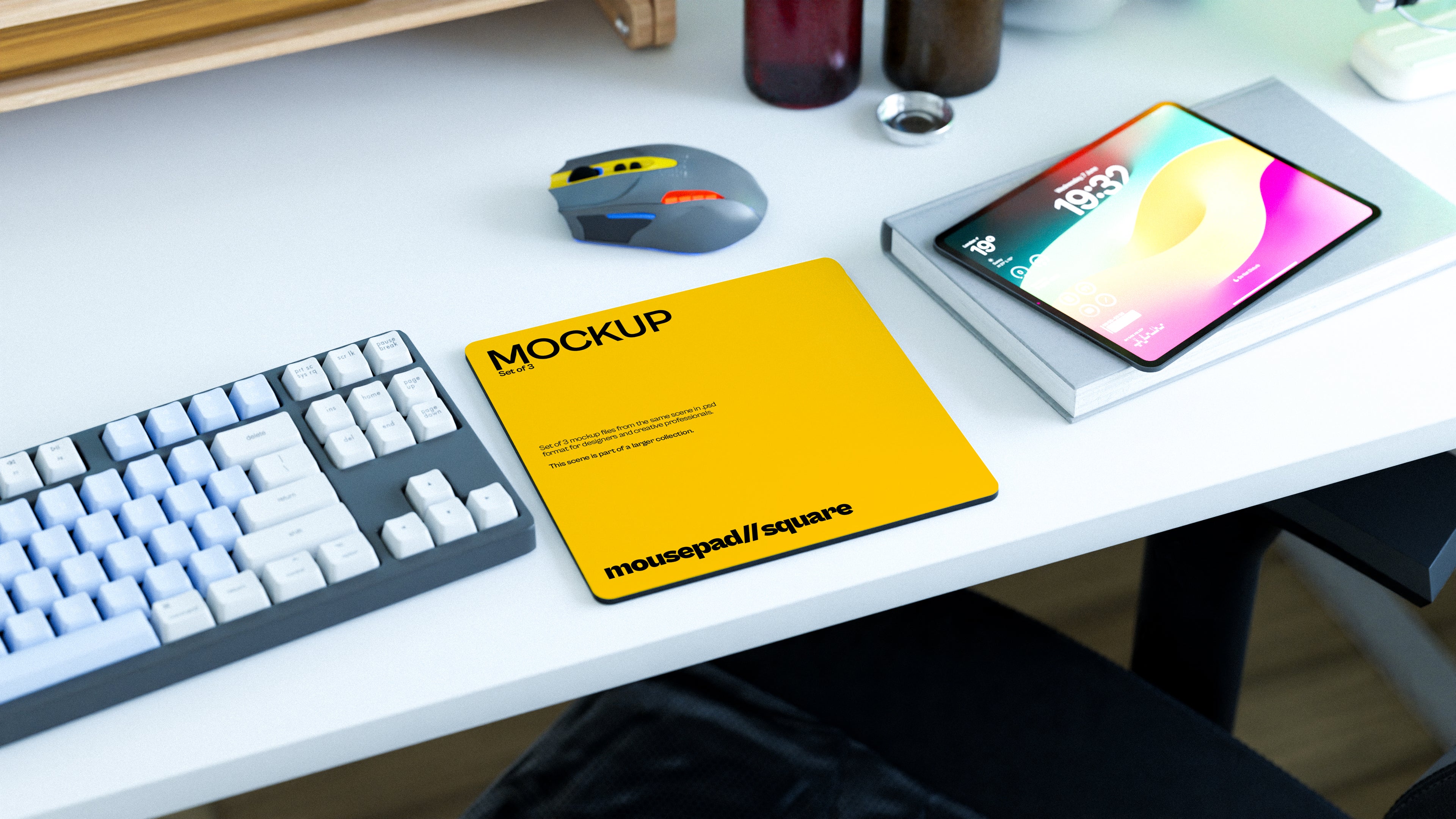 Square Mousepad Mockup Bundle – 3 PSDs in Bright Minimal Workspace | Lumen Collection