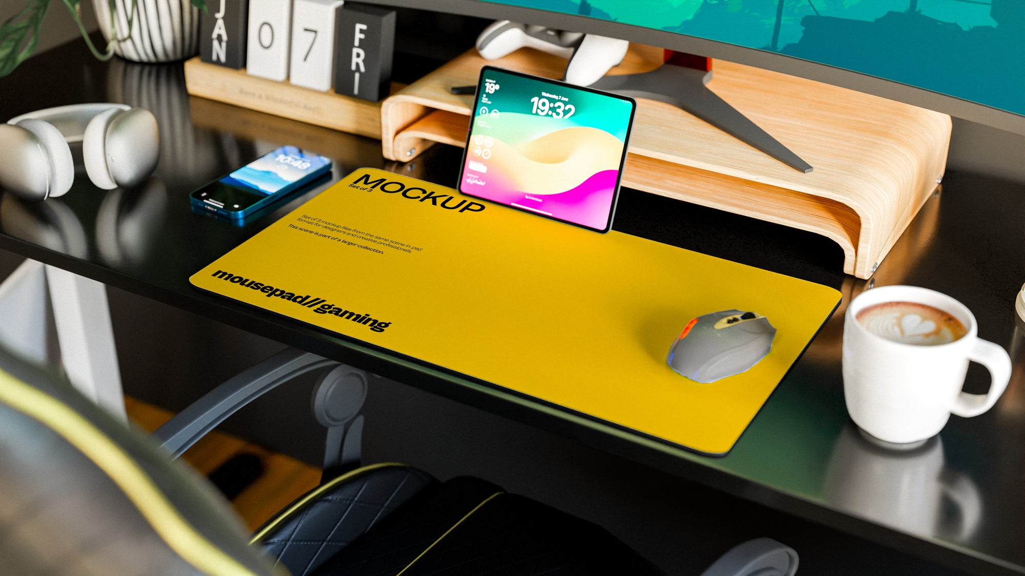 Long Gaming Mousepad Mockup Bundle – 3 PSDs in Minimal Warm Interior | Sanctum Collection