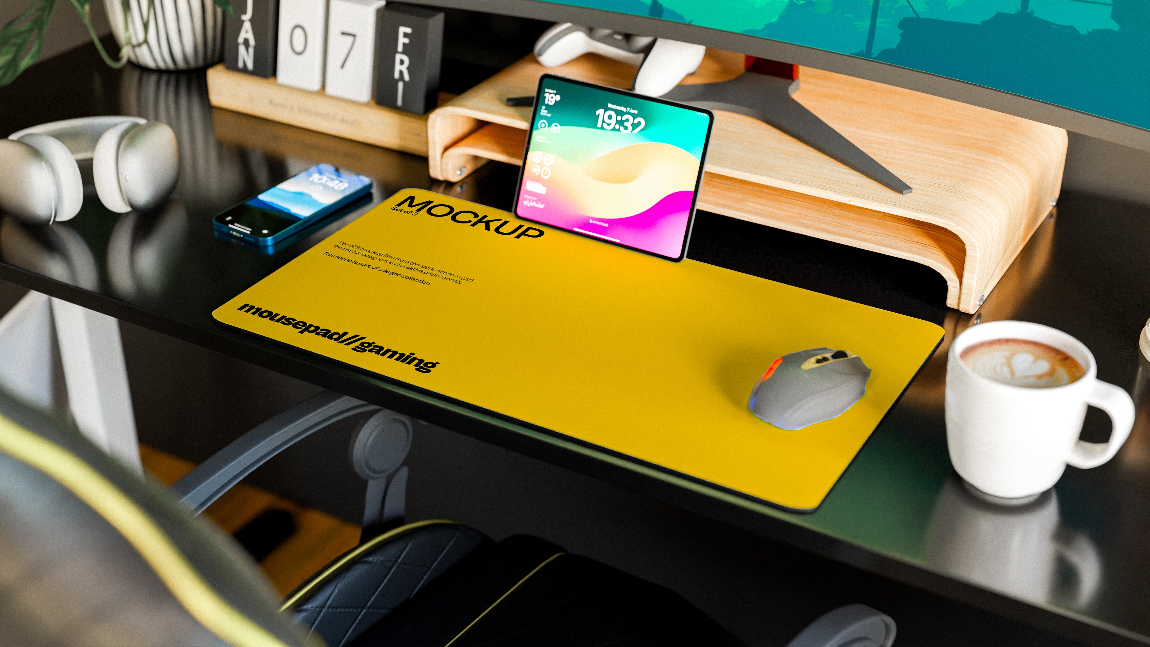 Long Gaming Mousepad Mockup Bundle – 3 PSDs in Minimal Warm Interior | Sanctum Collection