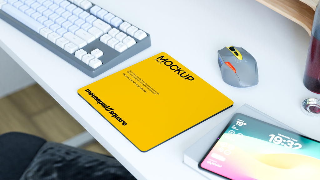 Square Mousepad Mockup Bundle – 3 PSDs in Bright Minimal Workspace | Lumen Collection