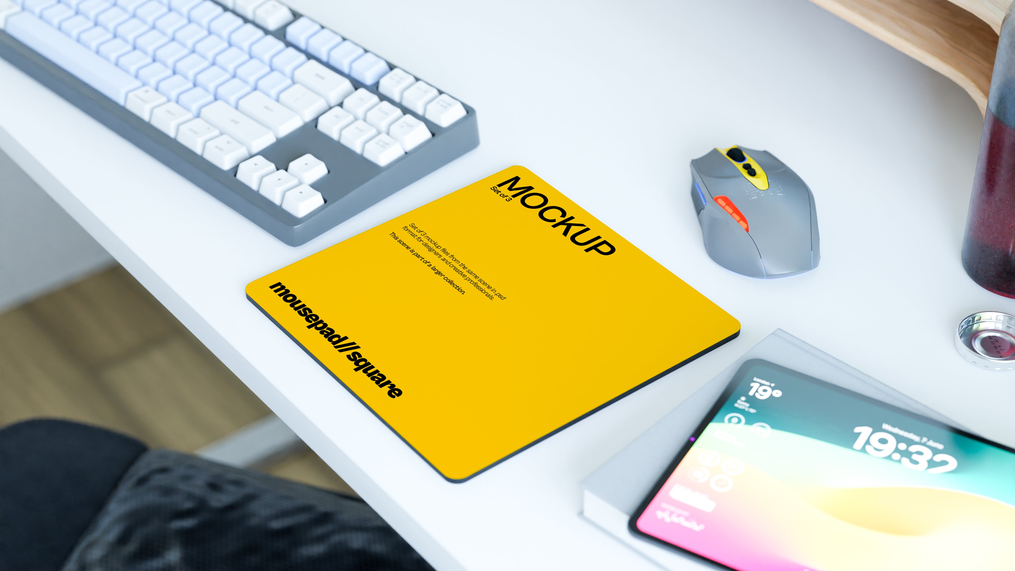 Square Mousepad Mockup Bundle – 3 PSDs in Bright Minimal Workspace | Lumen Collection