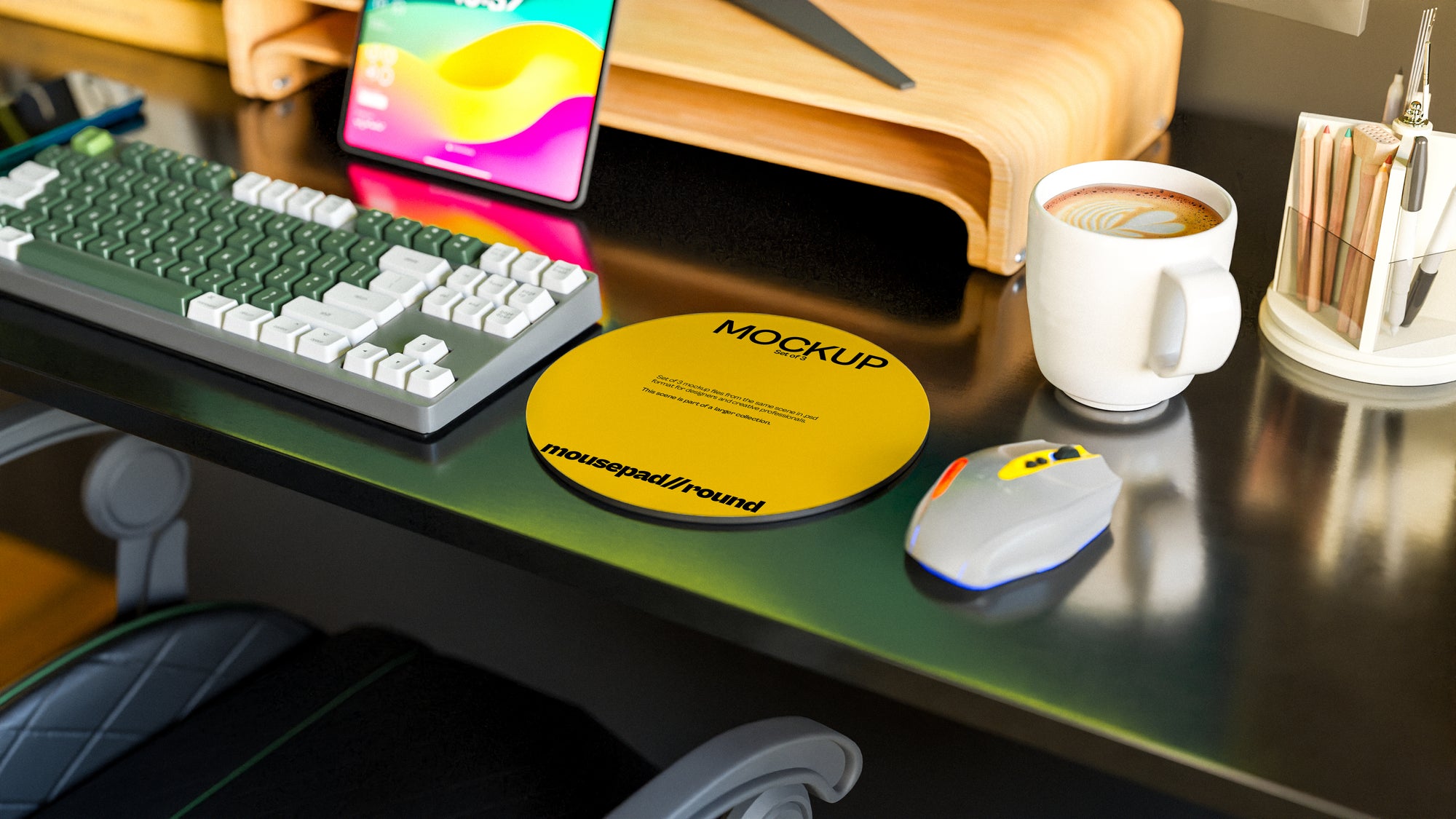 Round Mousepad Mockup Bundle – 3 PSDs in Calm Desk Scene | Sanctum Collection