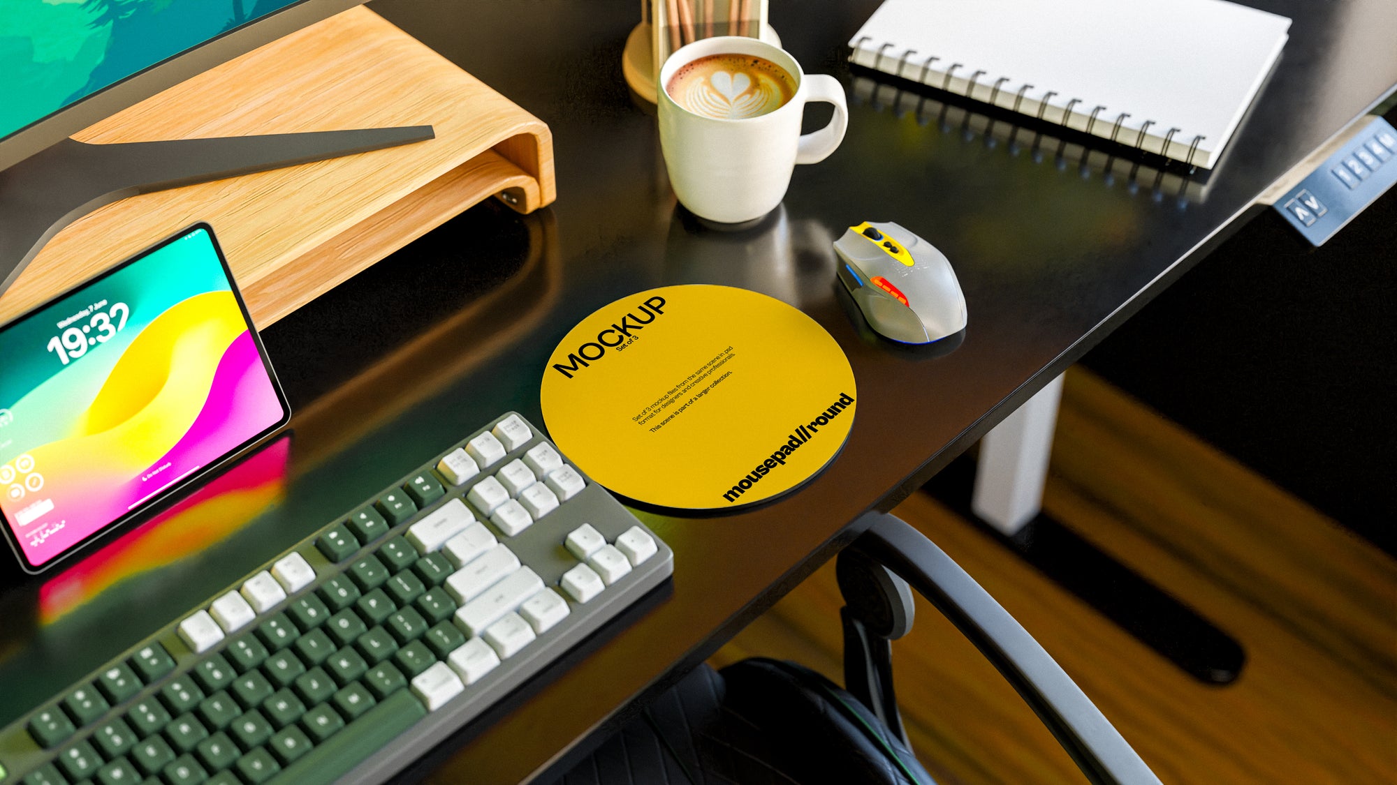 Round Mousepad Mockup Bundle – 3 PSDs in Calm Desk Scene | Sanctum Collection