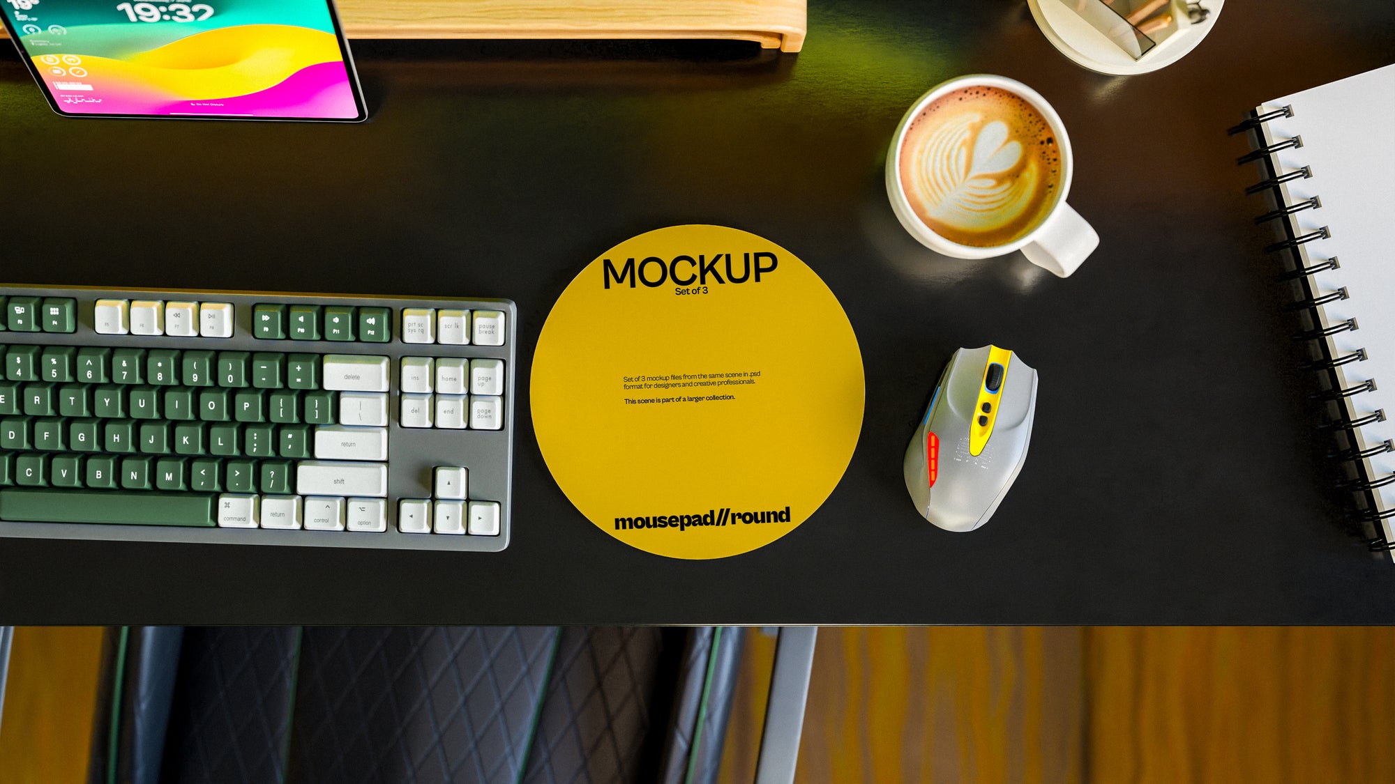 Round Mousepad Mockup Bundle – 3 PSDs in Calm Desk Scene | Sanctum Collection