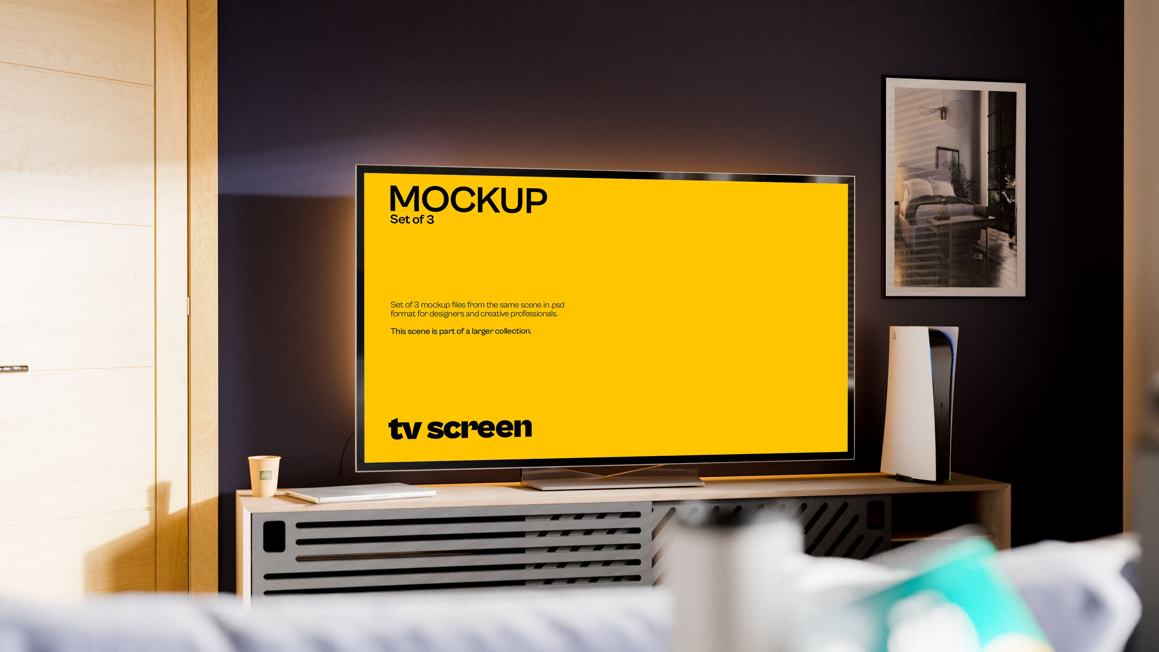 Television Screen Mockup Bundle – 3 PSDs in Modern Living Room