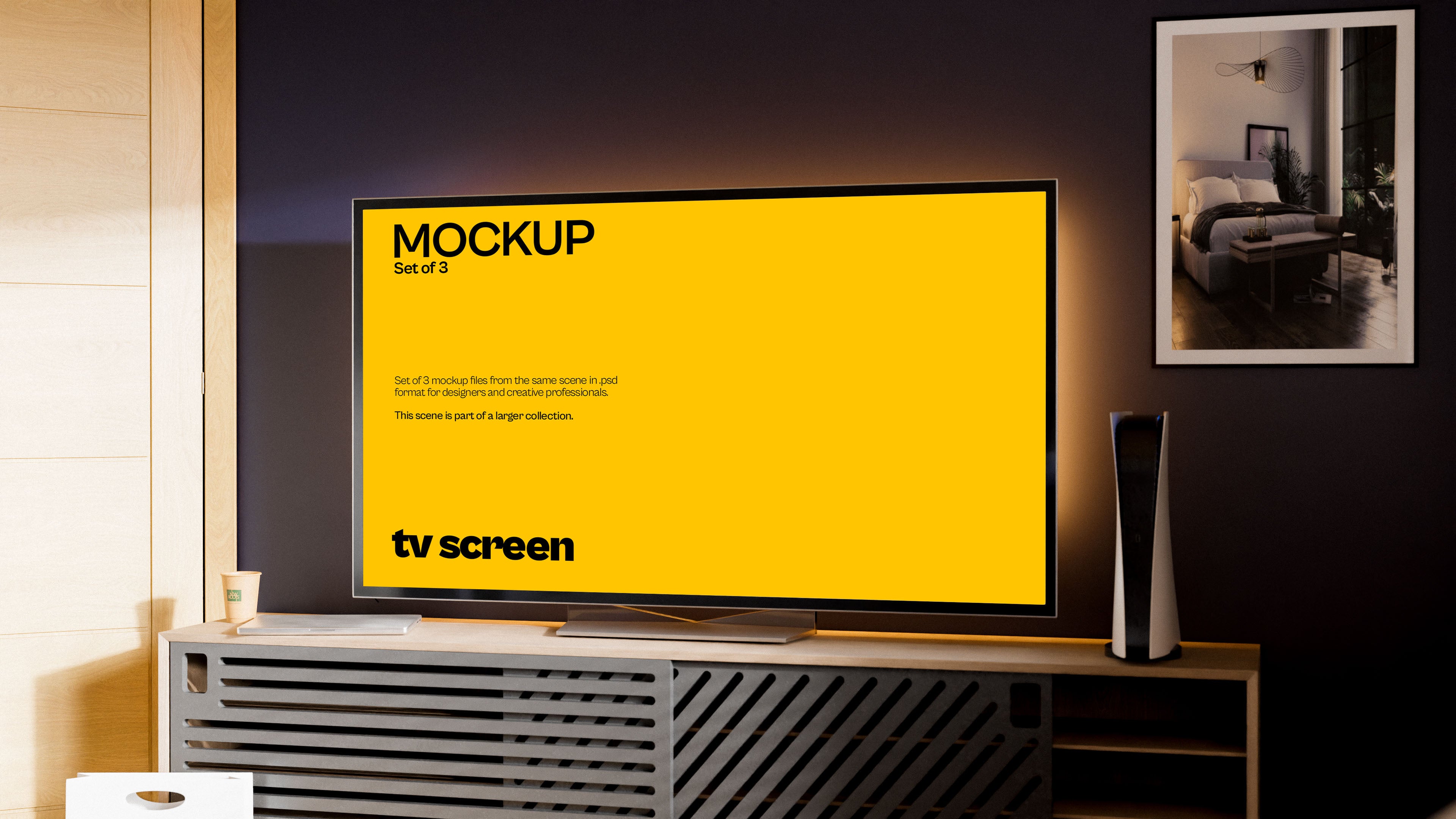 Television Screen Mockup Bundle – 3 PSDs in Modern Living Room