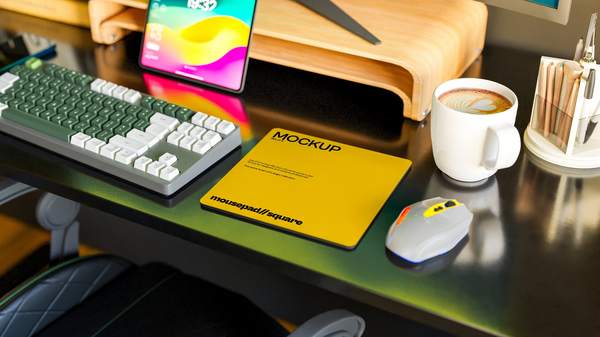 Square Mousepad Mockup Bundle – 3 PSDs in Minimal Warm Interior | Sanctum Collection