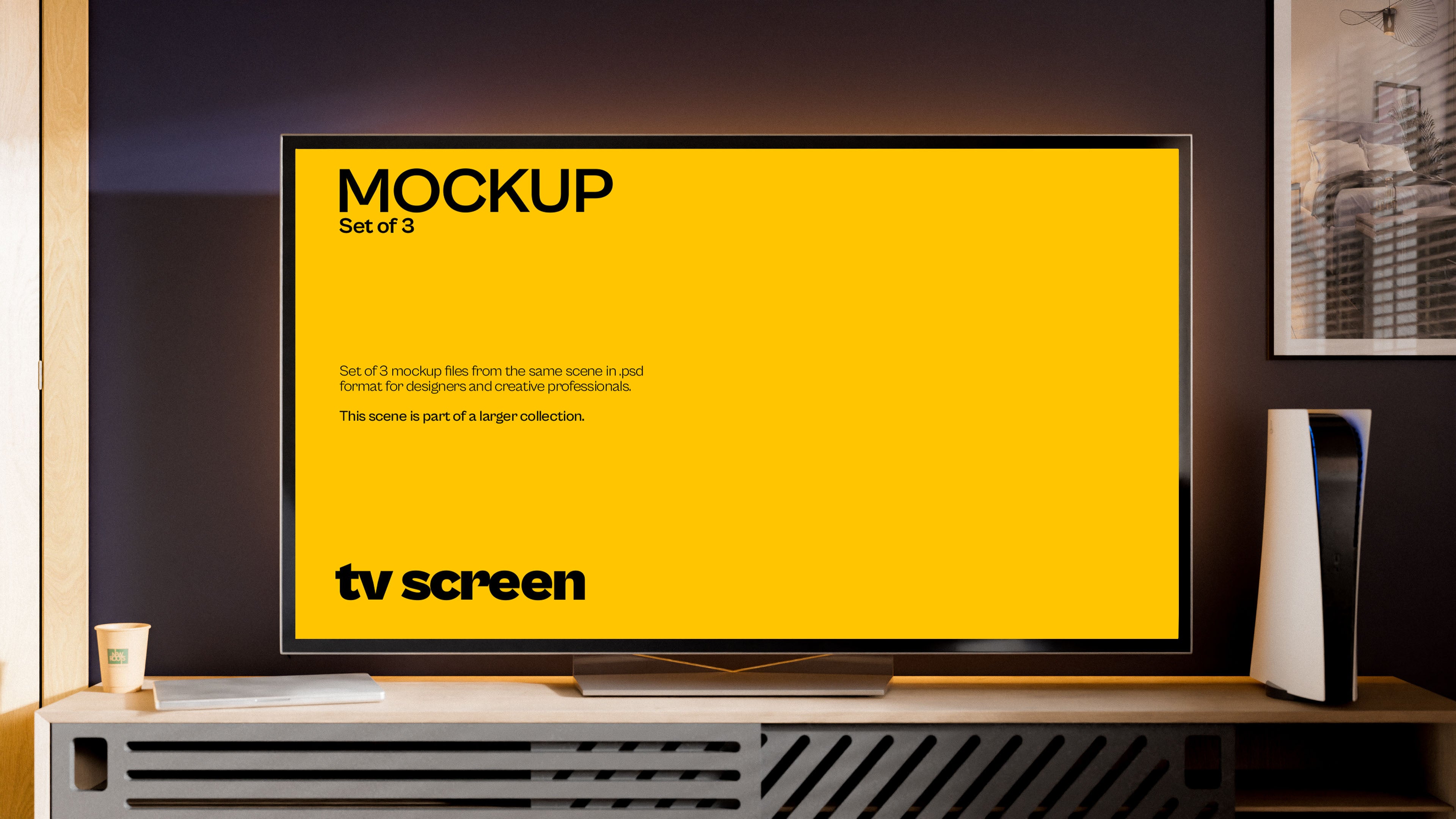 Television Screen Mockup Bundle – 3 PSDs in Modern Living Room