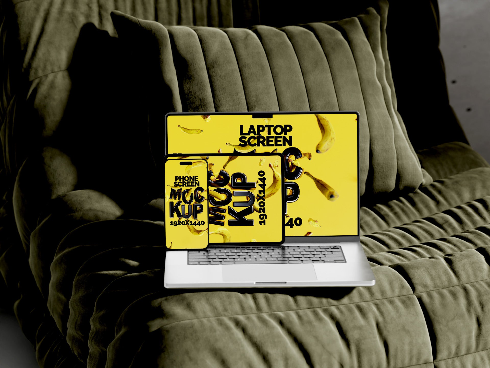 iPad, iPhone & MacBook Pro Screen Mockup Bundle – 3-in-1 Device Scene | Crest Collection