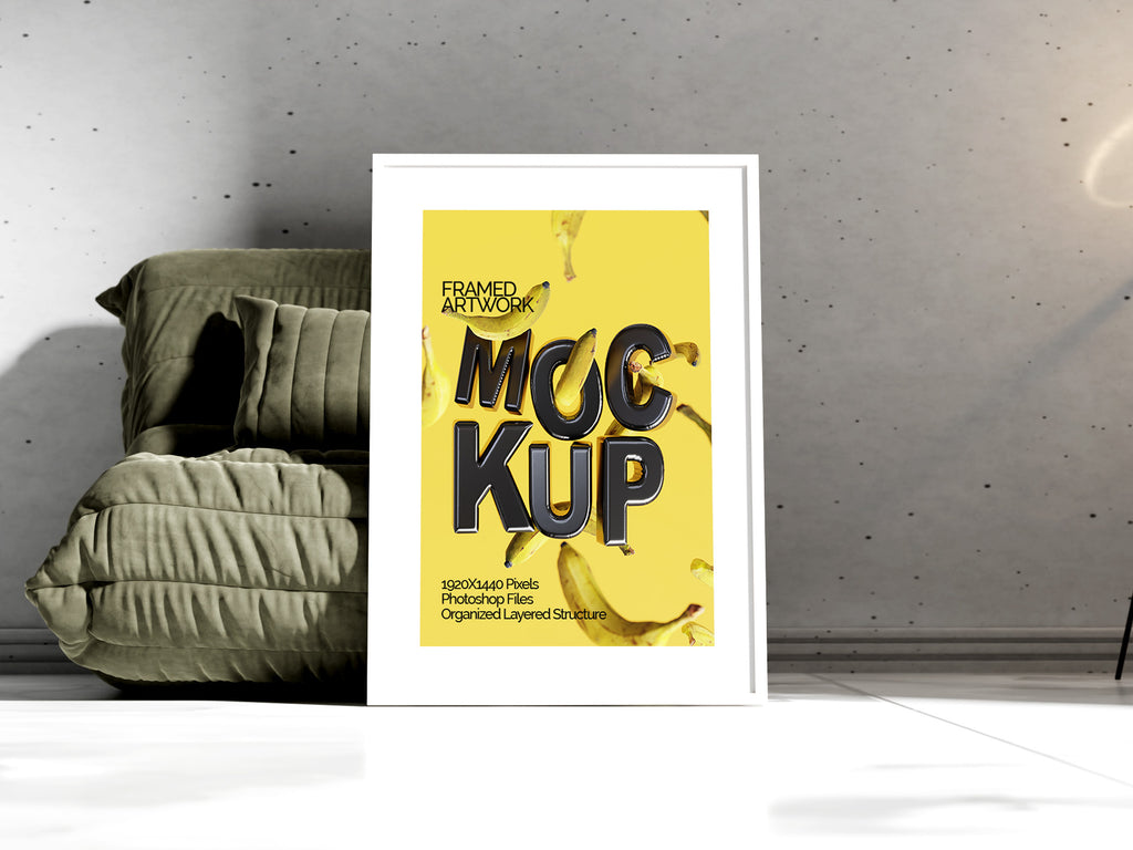 Large Framed Artwork Mockup Bundle – 4 PSDs with Frame on Sofa | Crest Collection