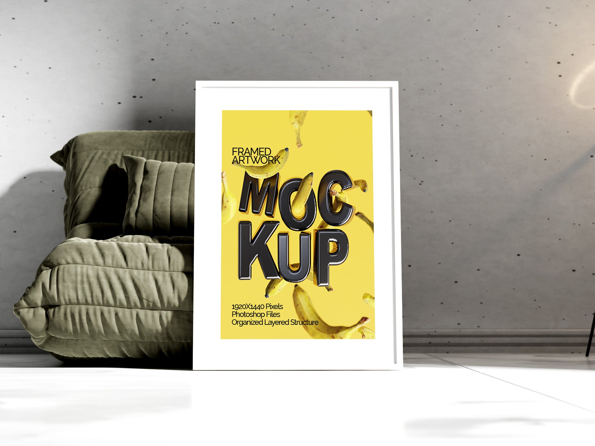Large Framed Artwork Mockup Bundle – 4 PSDs with Frame on Sofa | Crest Collection