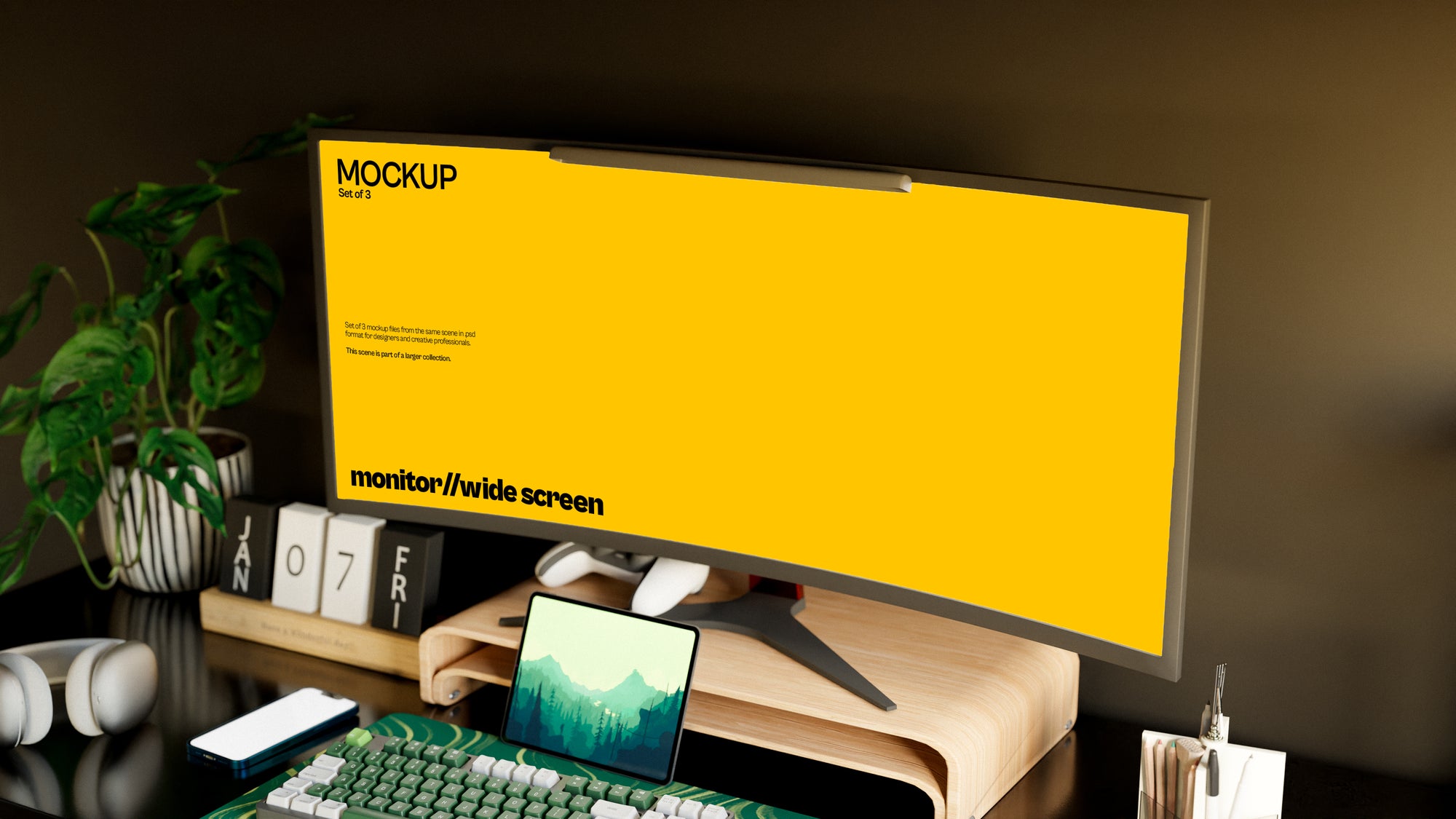 Widescreen Gaming Monitor Mockup Bundle – 3 PSDs in Minimal Interior | Sanctum Collection