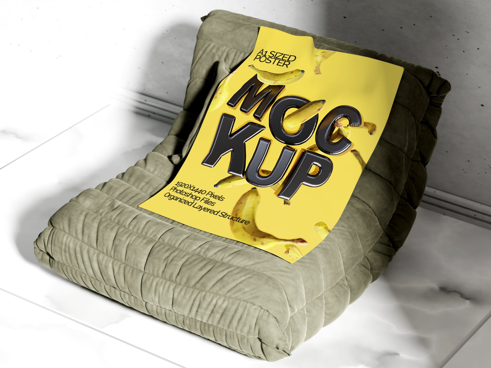 A1 Poster Mockup Bundle – 4 PSDs with Poster on Sofa | Crest Collection