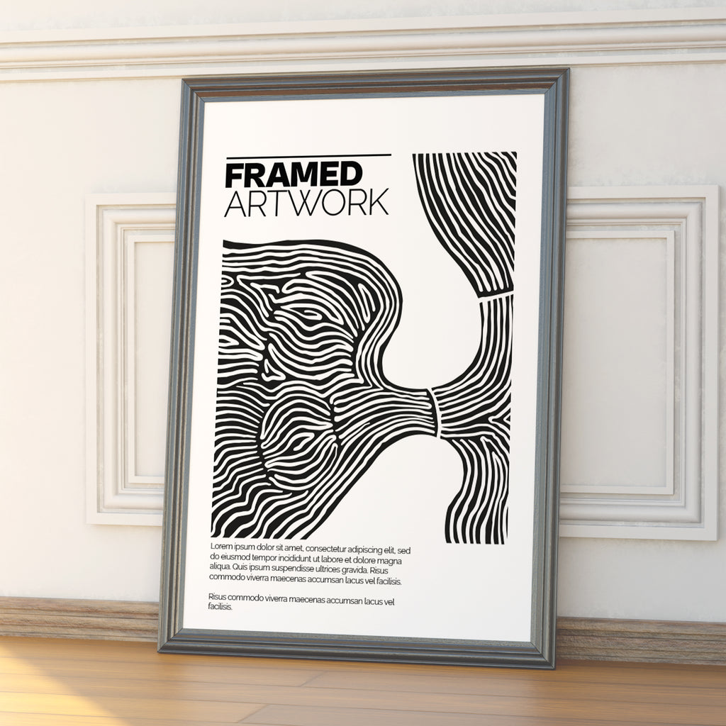 Large Framed Artwork Mockup Bundle – 4 PSDs Leaned Against Paneled Wall