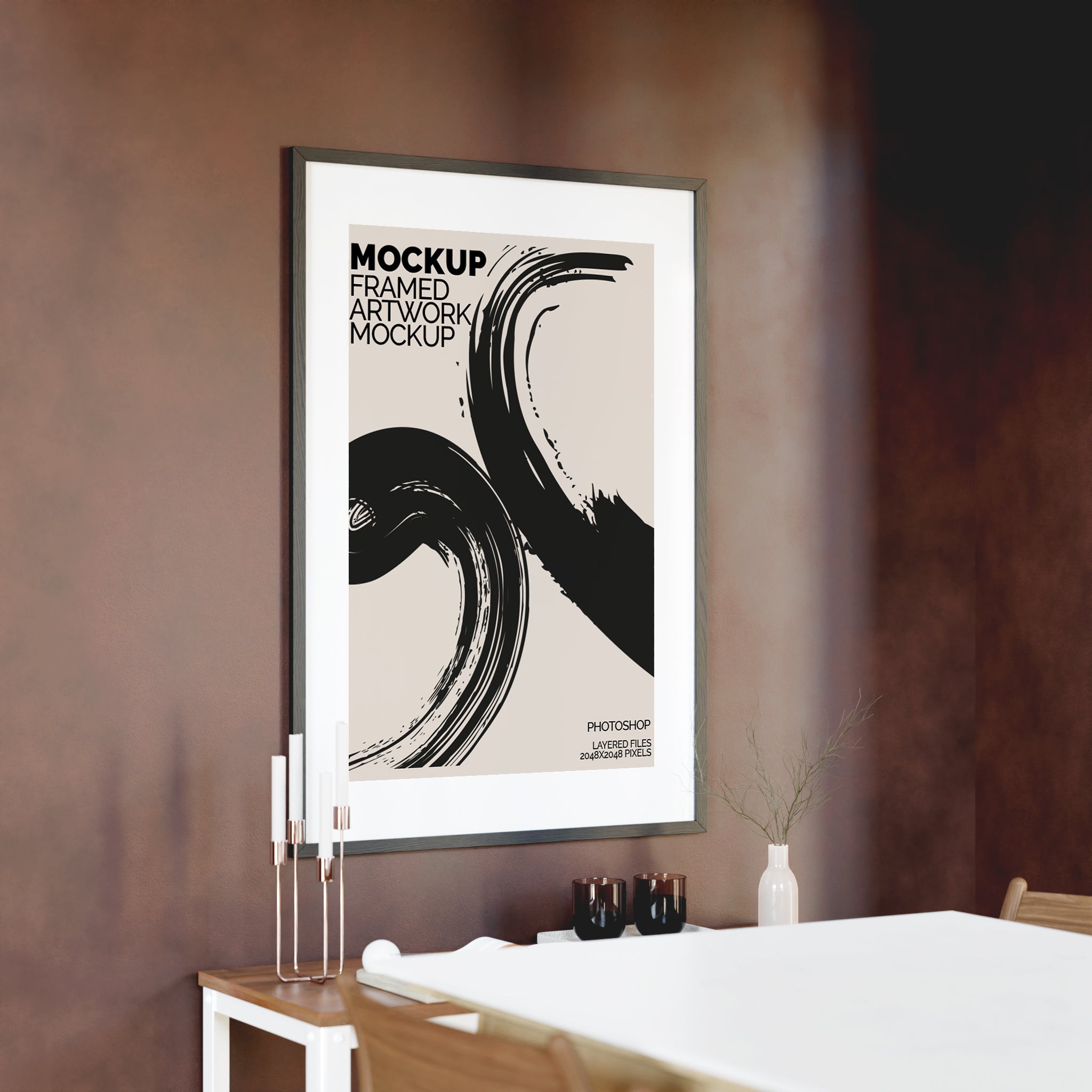 Framed Artwork Mockup Bundle – 6 PSDs with Dark Wall & Luxury Shelf Styling