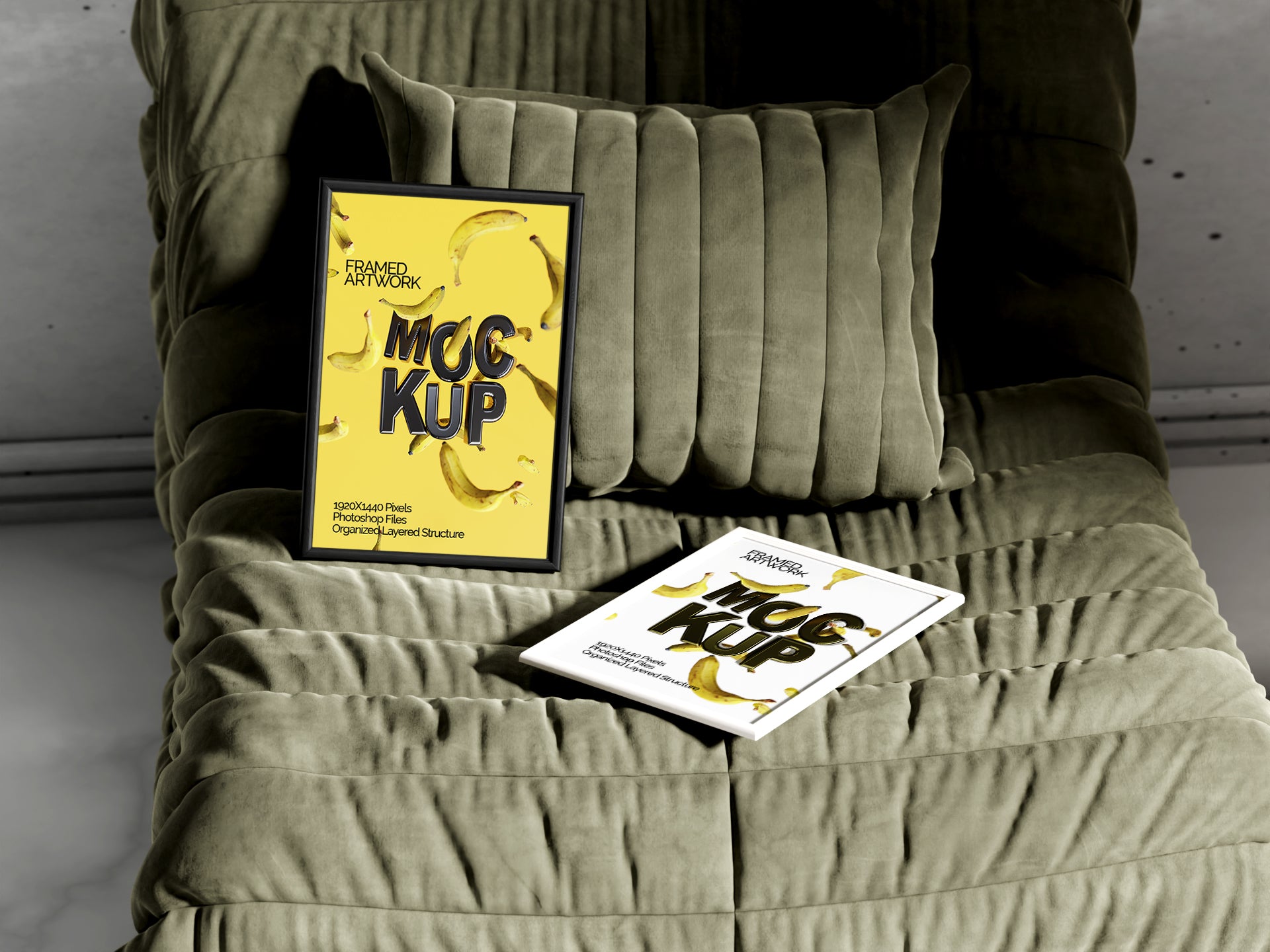 2 Small Framed Artwork Mockup Bundle – 7 PSDs with Frames on Sofa | Crest Collection