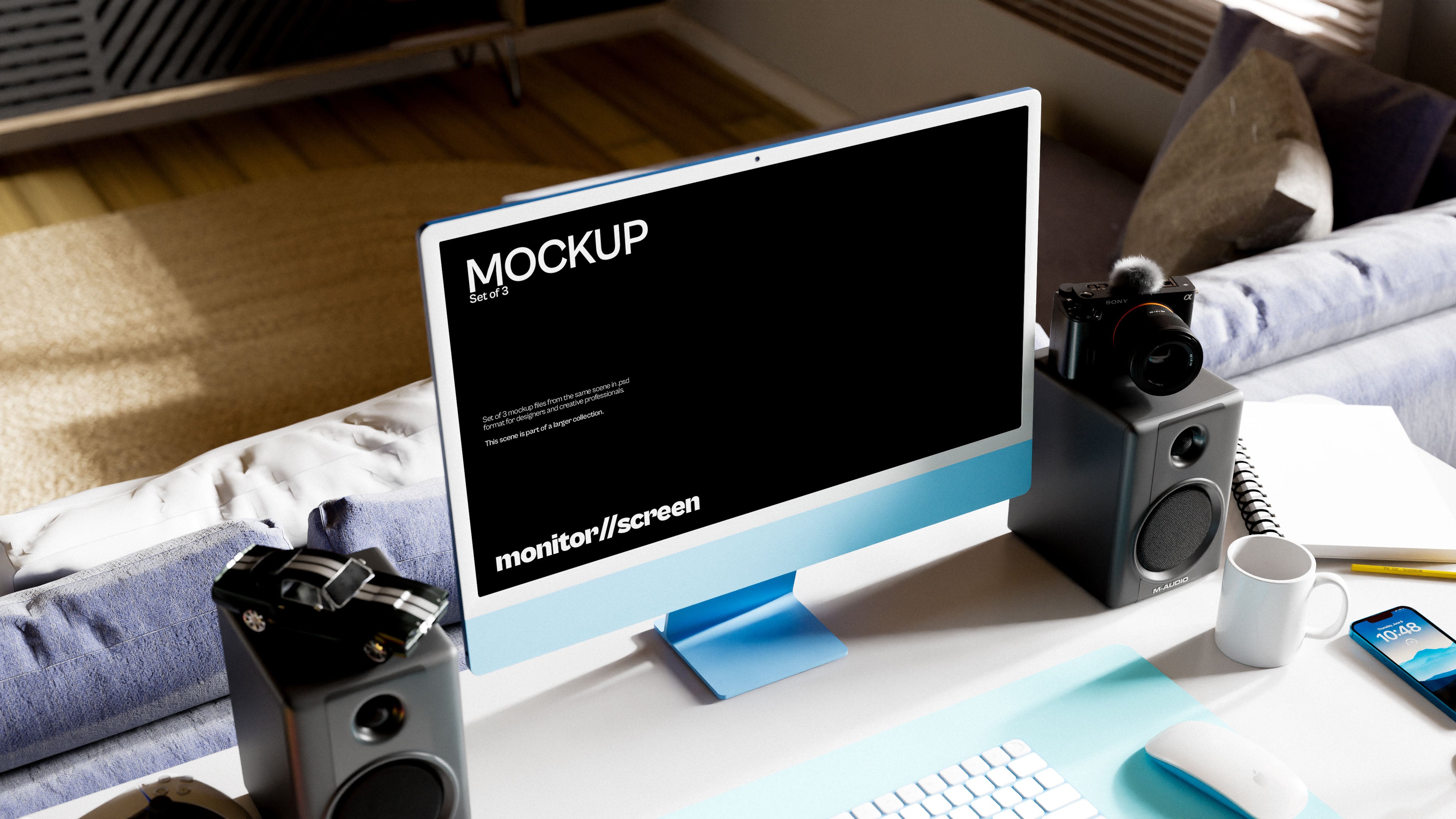 iMac Screen Mockup Bundle – 3 PSDs in Work-From-Home Setting