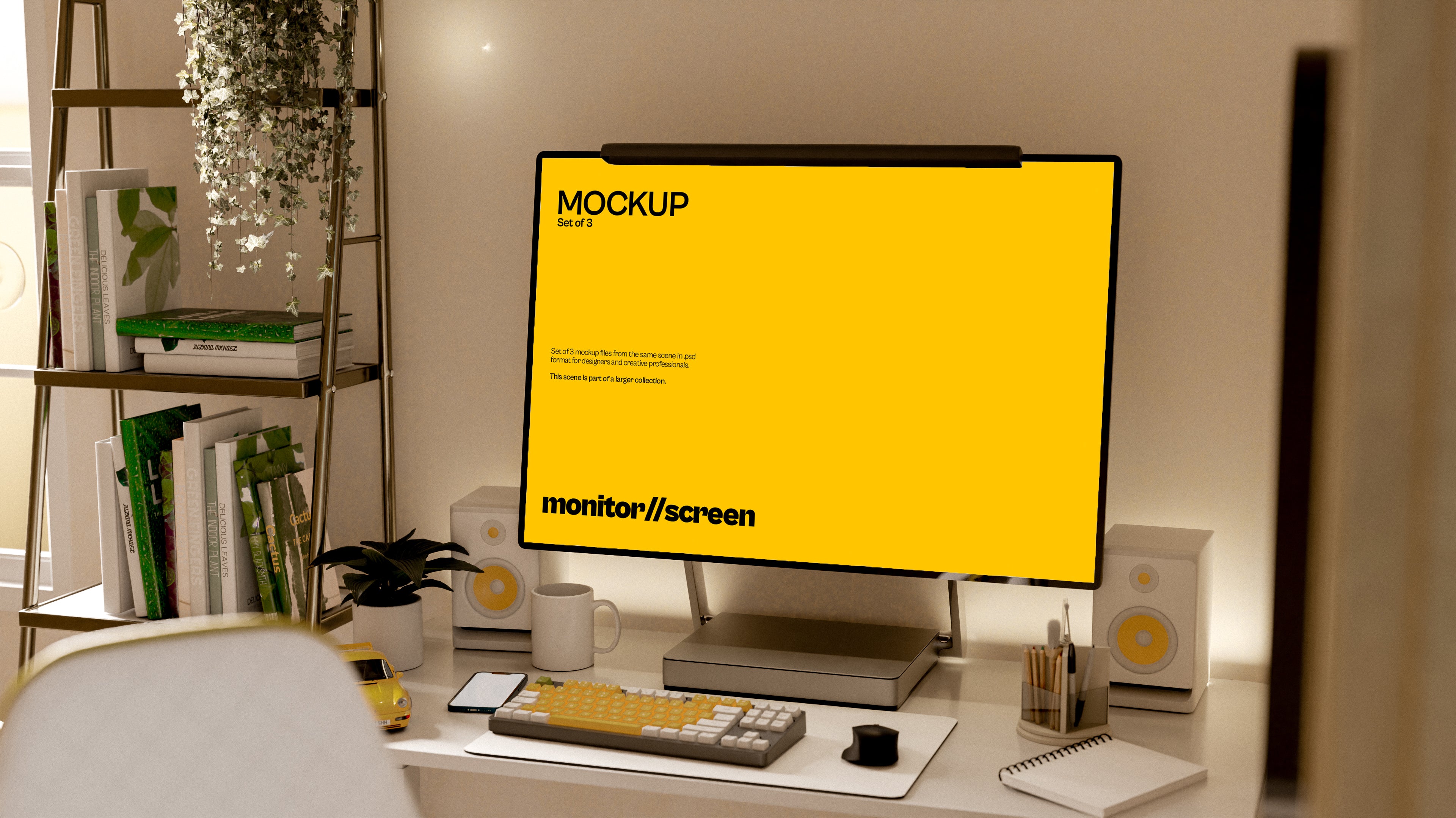 iMac Screen Mockup Bundle – 3 PSDs in Dark Tech Workspace | Surge Collection