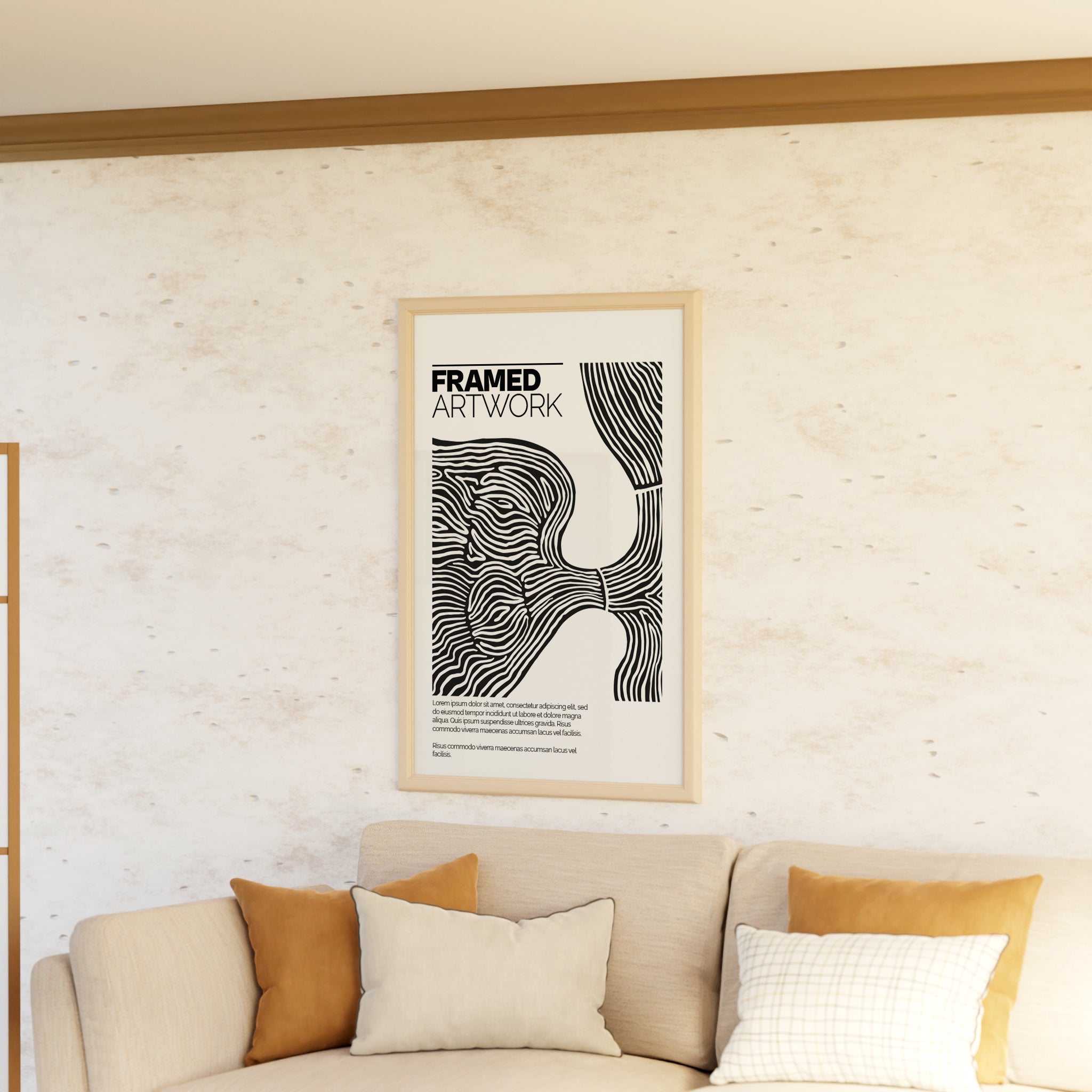 Framed Artwork Mockup Bundle – 4 PSDs with Cozy Sofa & Wall Scene