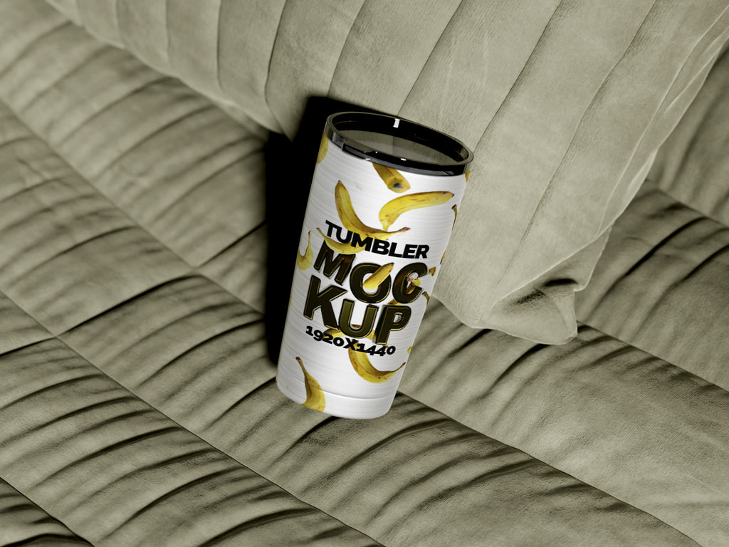 Cone Shaped Silver Sublimation Tumbler Mockup Bundle – 6 PSDs on Sofa | Crest Collection