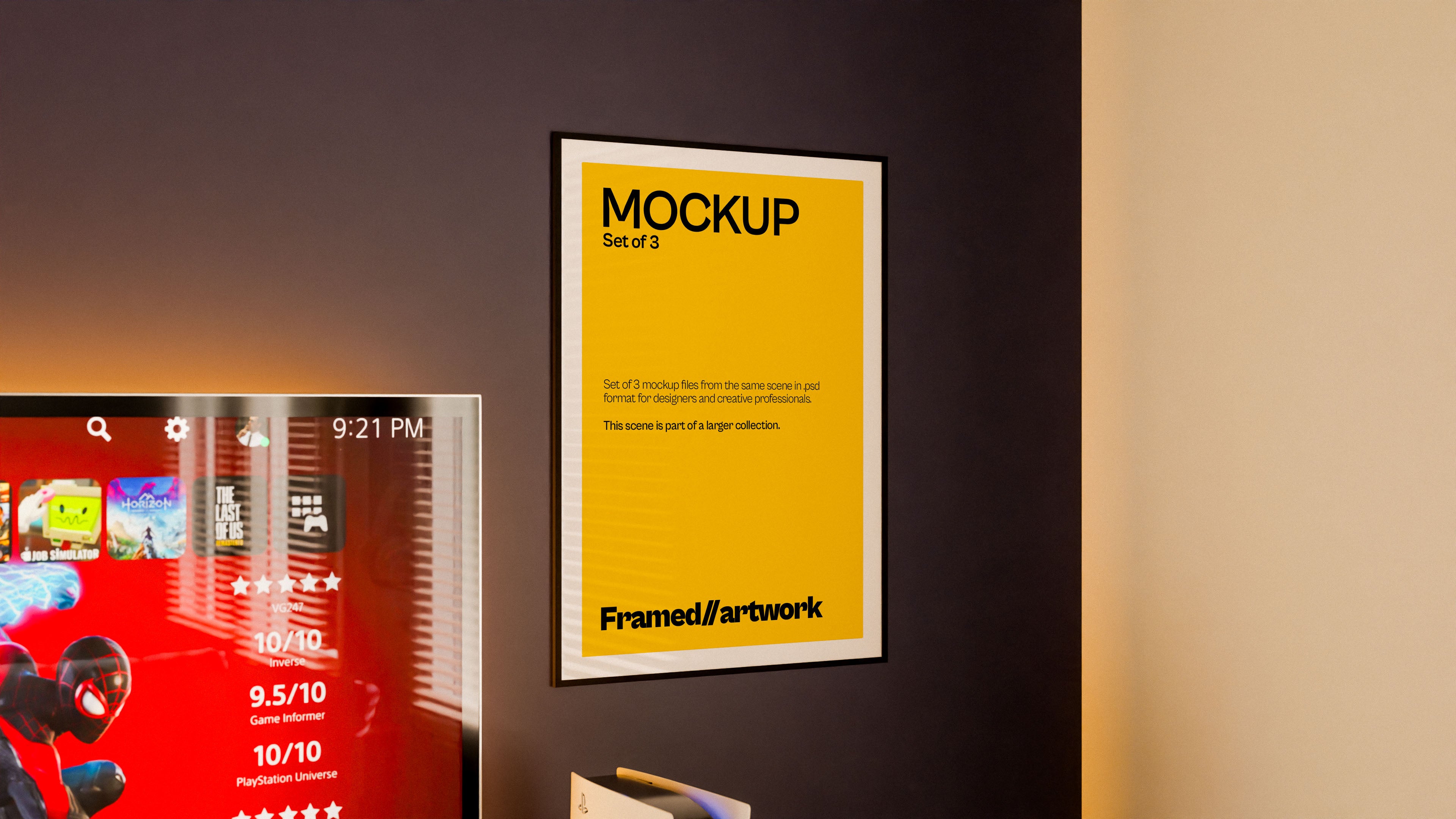 Framed Artwork Mockup Bundle – 3 PSDs Behind the Sofa