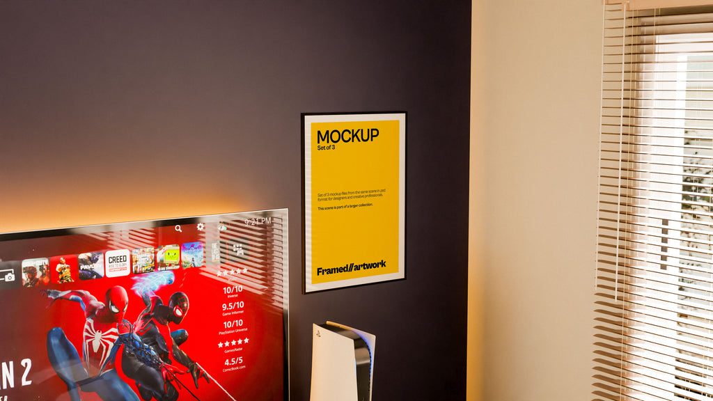 Framed Artwork Mockup Bundle – 3 PSDs Behind the Sofa