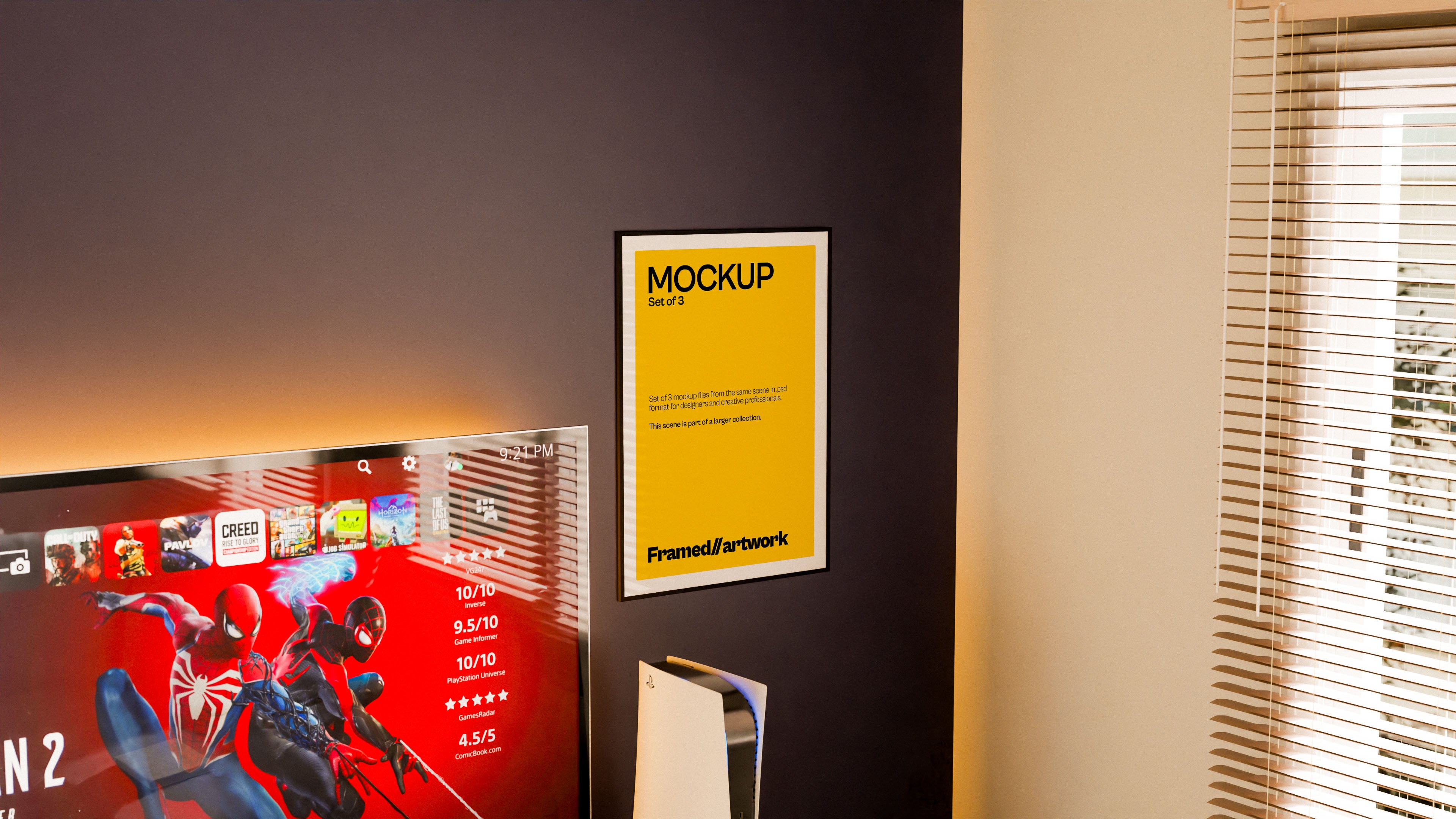 Framed Artwork Mockup Bundle – 3 PSDs Behind the Sofa