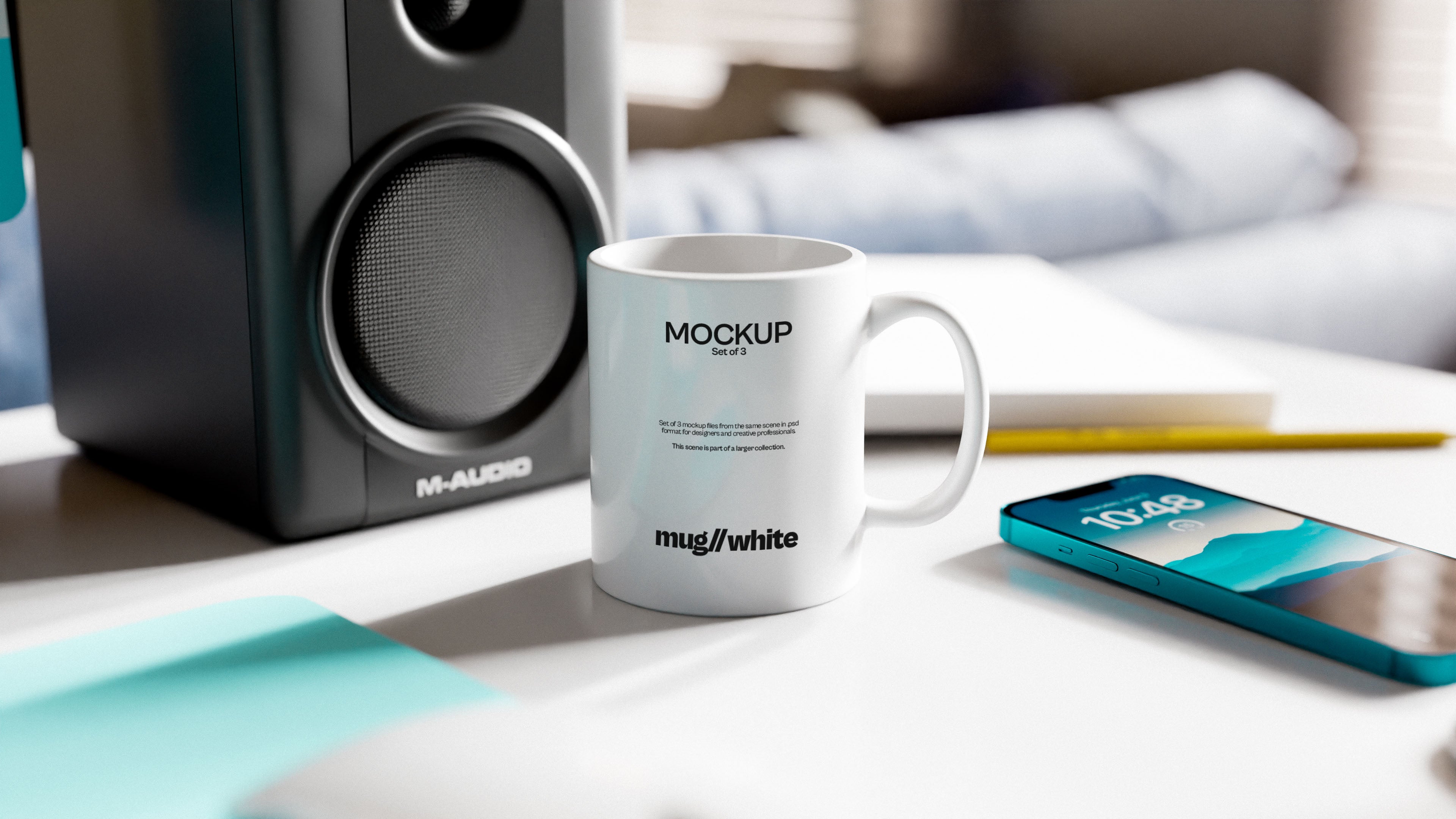 White Sublimation Mug Mockup Bundle – 3 PSDs in Lifestyle Room