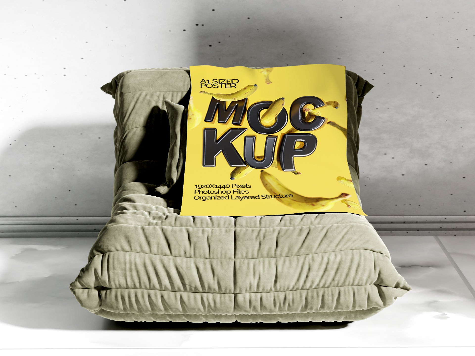 A1 Poster Mockup Bundle – 4 PSDs with Poster on Sofa | Crest Collection