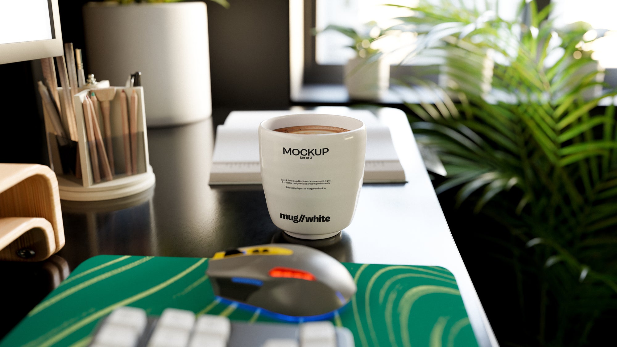 Curved White Coffee Mug Mockup Bundle – 3 PSDs in Calm Interior | Sanctum Collection