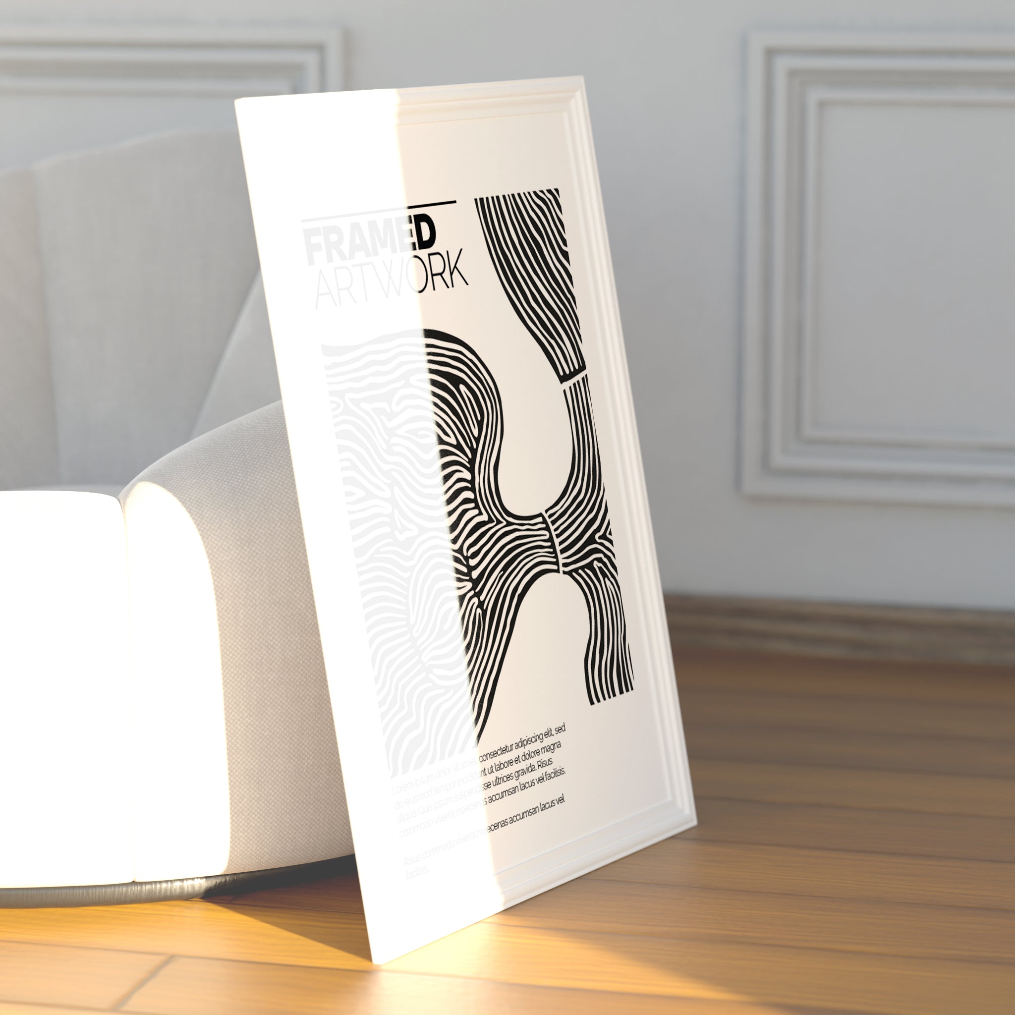 Large Framed Artwork Mockup Bundle – 4 PSDs with Luxury Sofa & Sunlight