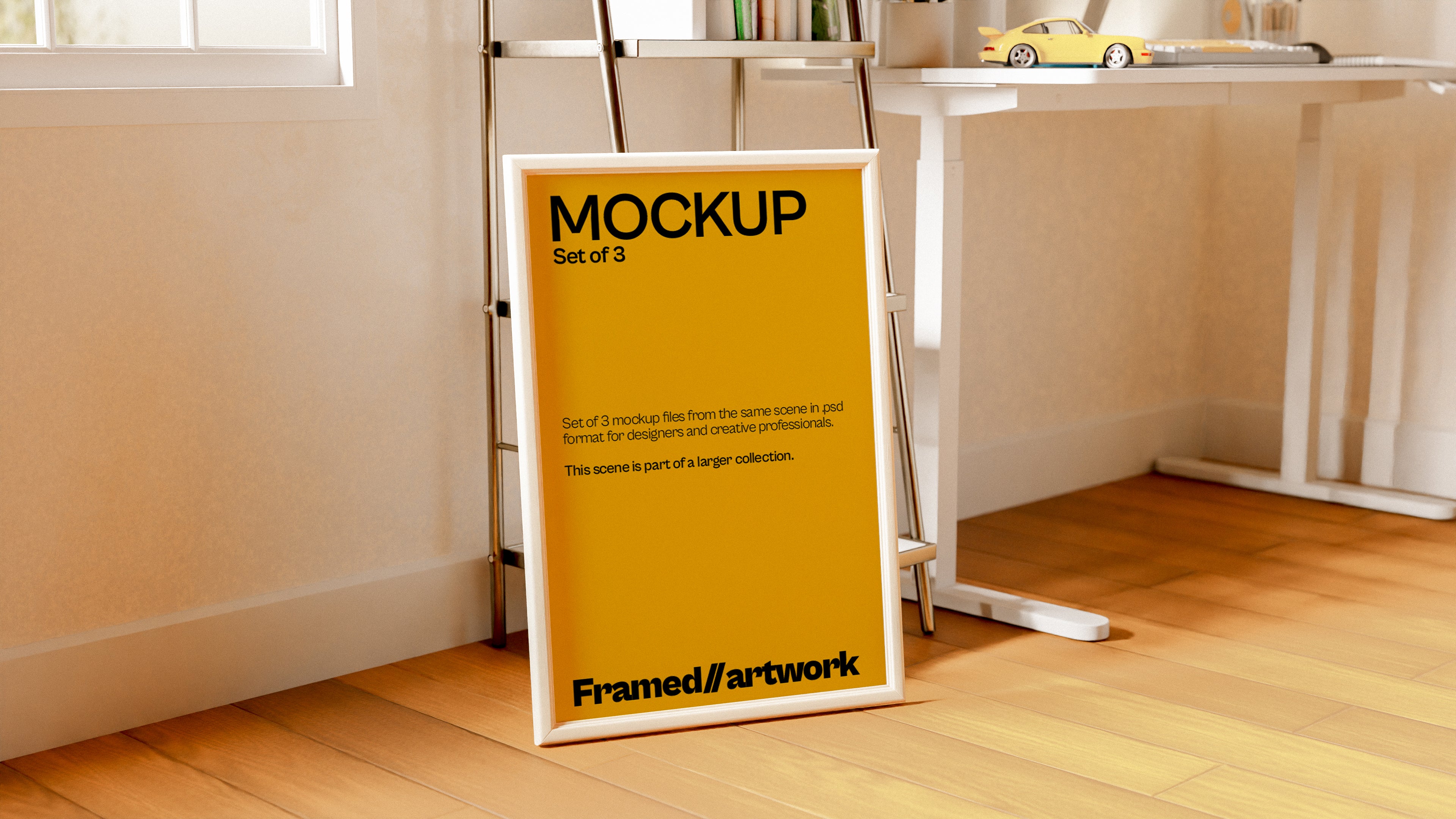 Framed Artwork Mockup Bundle – 3 PSDs Leaned Against Desk in Dark Scene | Surge Collection