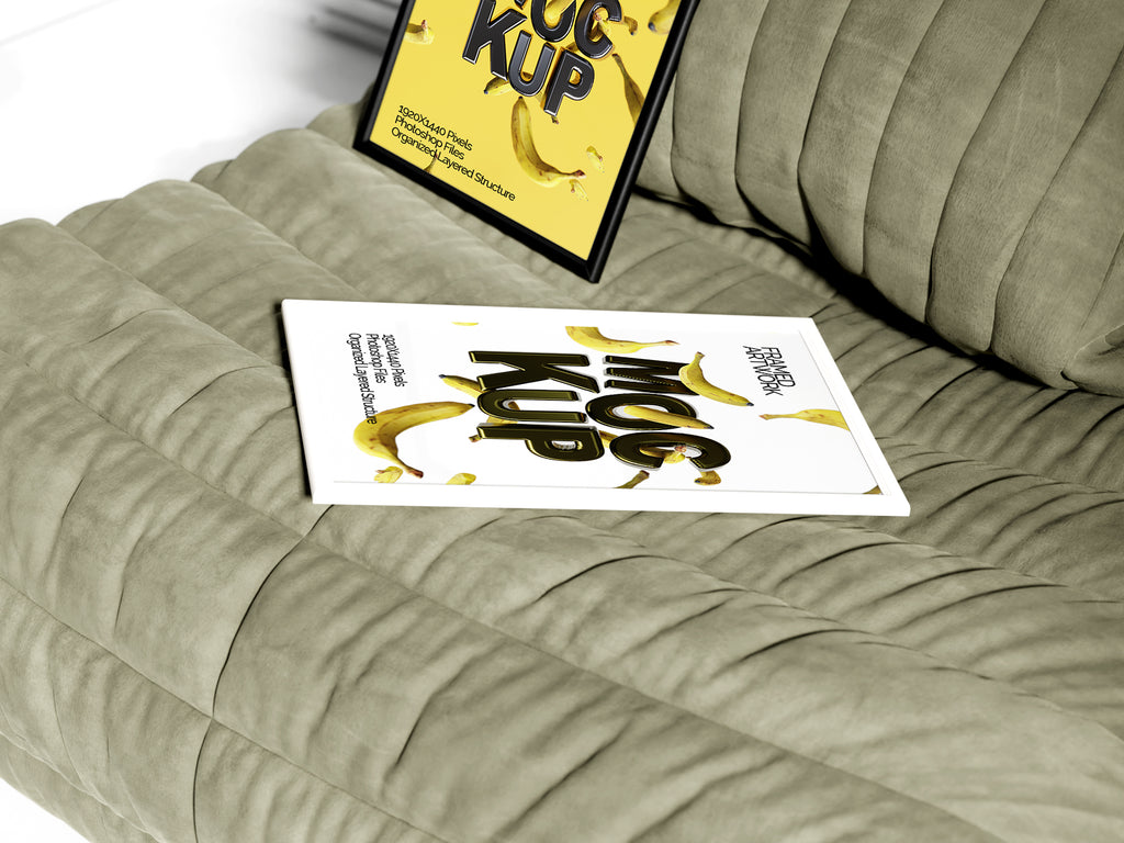2 Small Framed Artwork Mockup Bundle – 7 PSDs with Frames on Sofa | Crest Collection