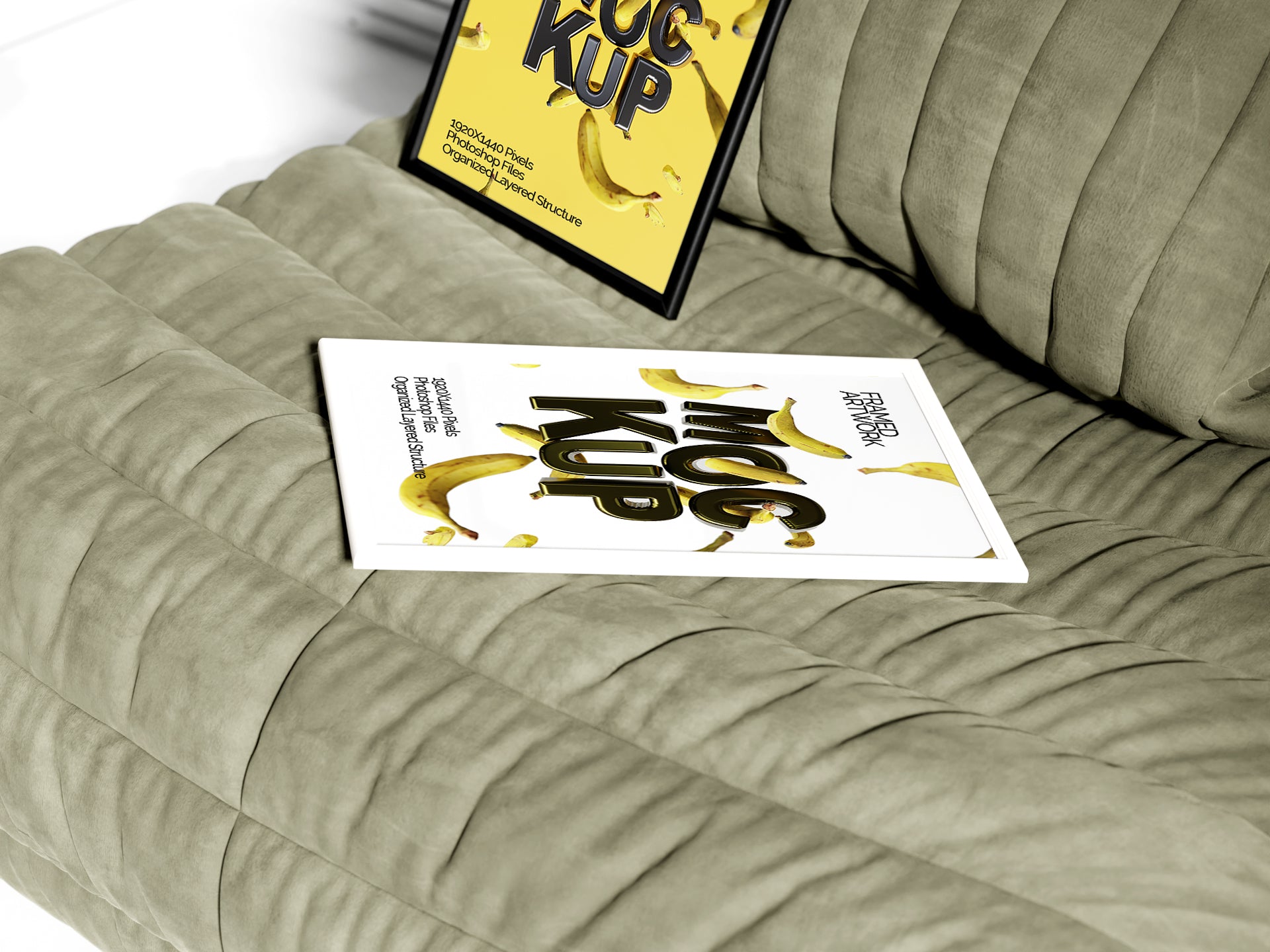 2 Small Framed Artwork Mockup Bundle – 7 PSDs with Frames on Sofa | Crest Collection